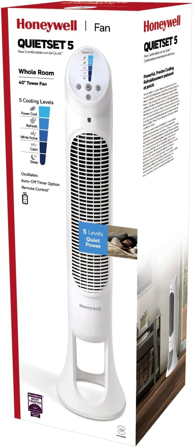 Honeywell HYF260WC QuietSet® Whole Room 40” Tall Tower Fan Home, Bedroom, Office, 75° Oscillation, Remote Control, 5 speeds, Slim Profile, Auto Shut-Off, Portable, Easy-to Use Controls, White - Image 12