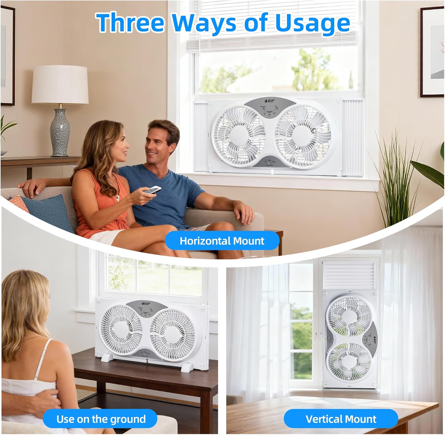 BEYOND BREEZE Window Fan Reversible Airflow, 9" Dual Window Fan with 3-Speed 3 Modes (Cool, Circulate, Exhaust), Remote Control Twin Window Fan 23.5" to 37" Adjustable Width for Bedroom, Kitchen, Home - Image 3