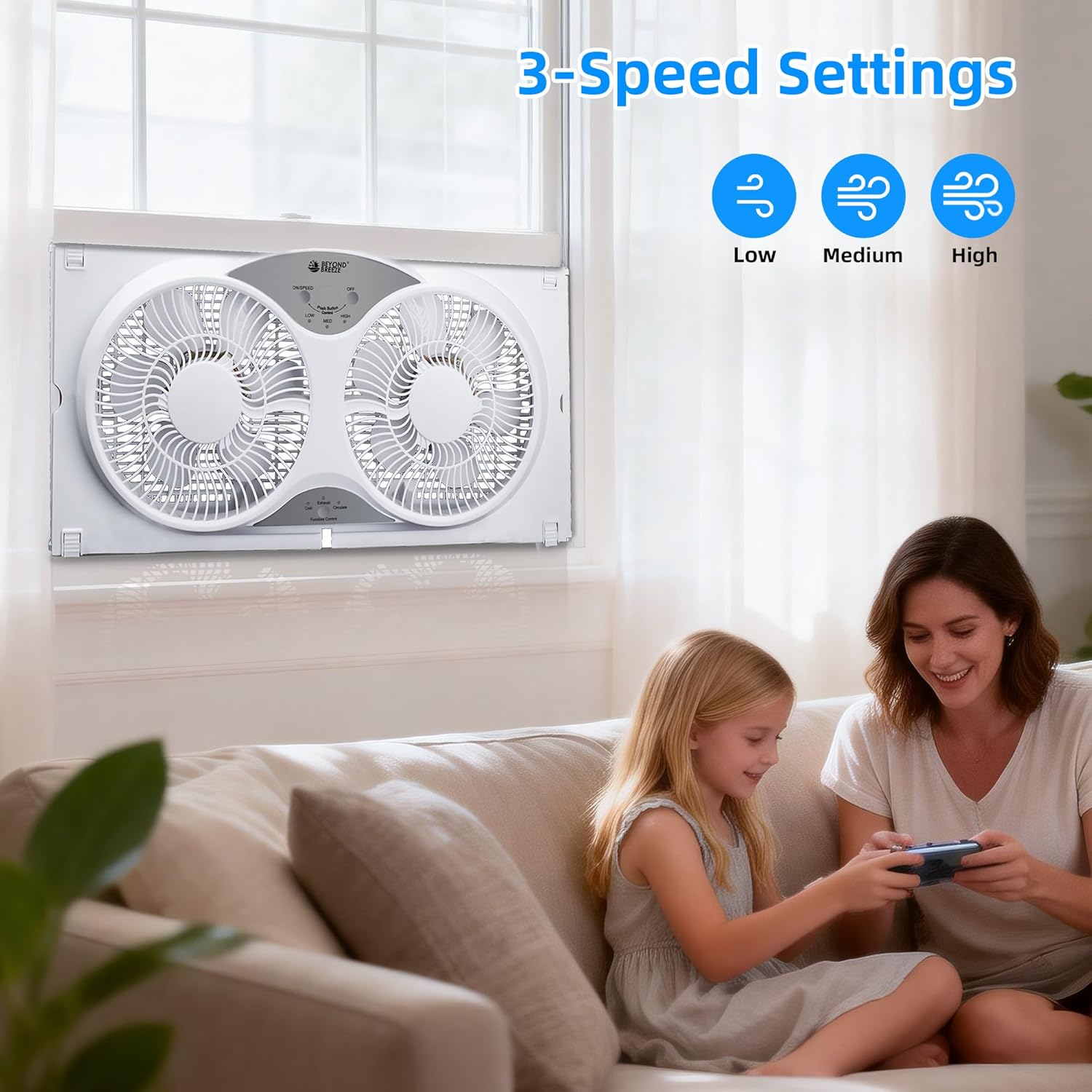 BEYOND BREEZE Window Fan Reversible Airflow, 9" Dual Window Fan with 3-Speed 3 Modes (Cool, Circulate, Exhaust), Remote Control Twin Window Fan 23.5" to 37" Adjustable Width for Bedroom, Kitchen, Home - Image 8