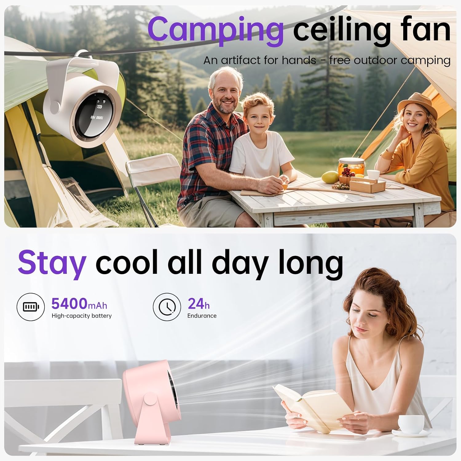 Desk Fan, USB Rechargeable Quiet Desktop Fan with 5400mAh Battery & LED Display, Adjustable Speed Control, 90° Tilt Head Hangable Table Fan for Office, Bedroom, Dorm, Kitchen (Pink) - Image 7