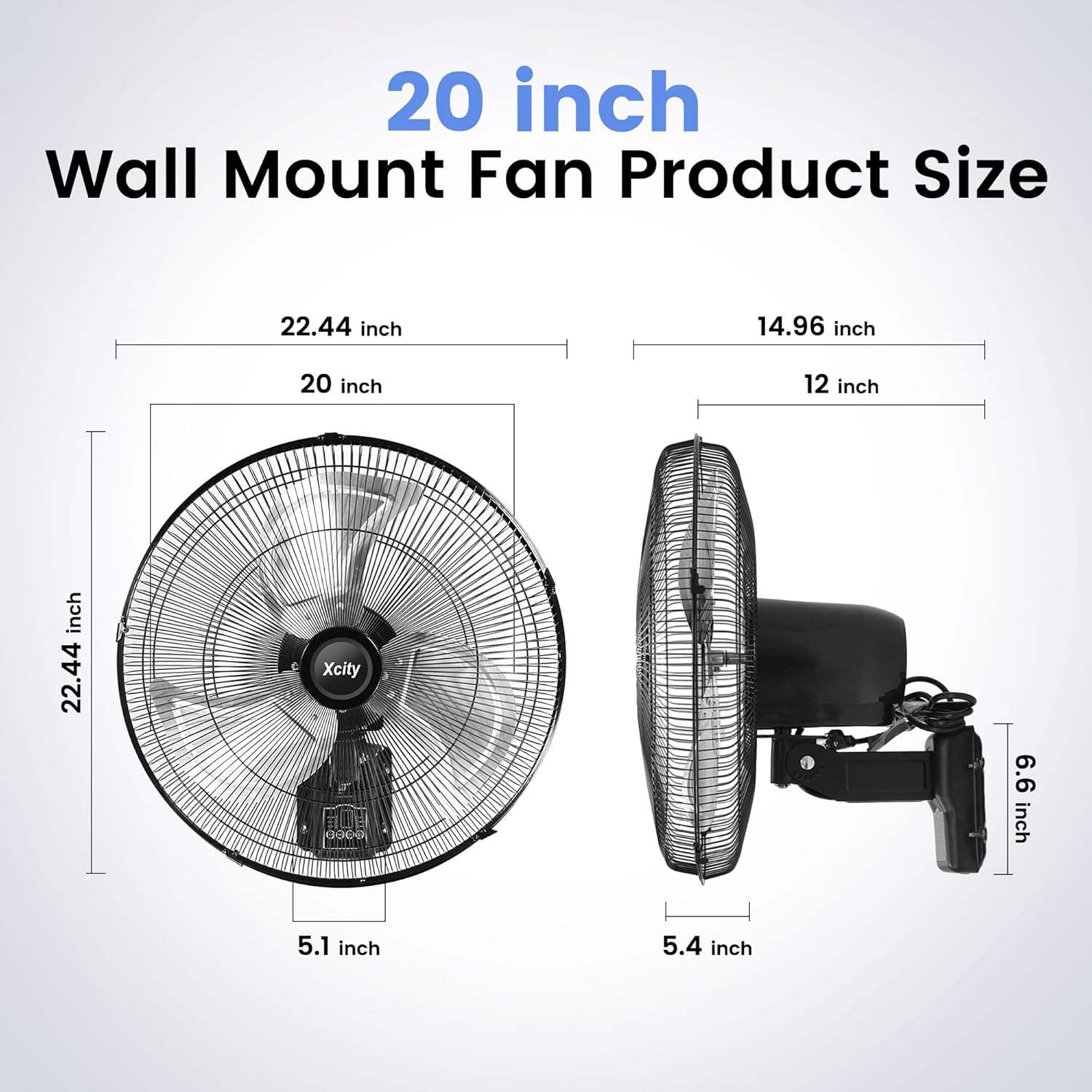 20" Oscillating Wall Mount Fan with Remote Control, 90° Auto Oscillation & Timer, Industrial Grade with 3 Speeds, Digital Display, Quiet Wall Mounted Fan for Home Gym, Garage, Workshop - Image 2