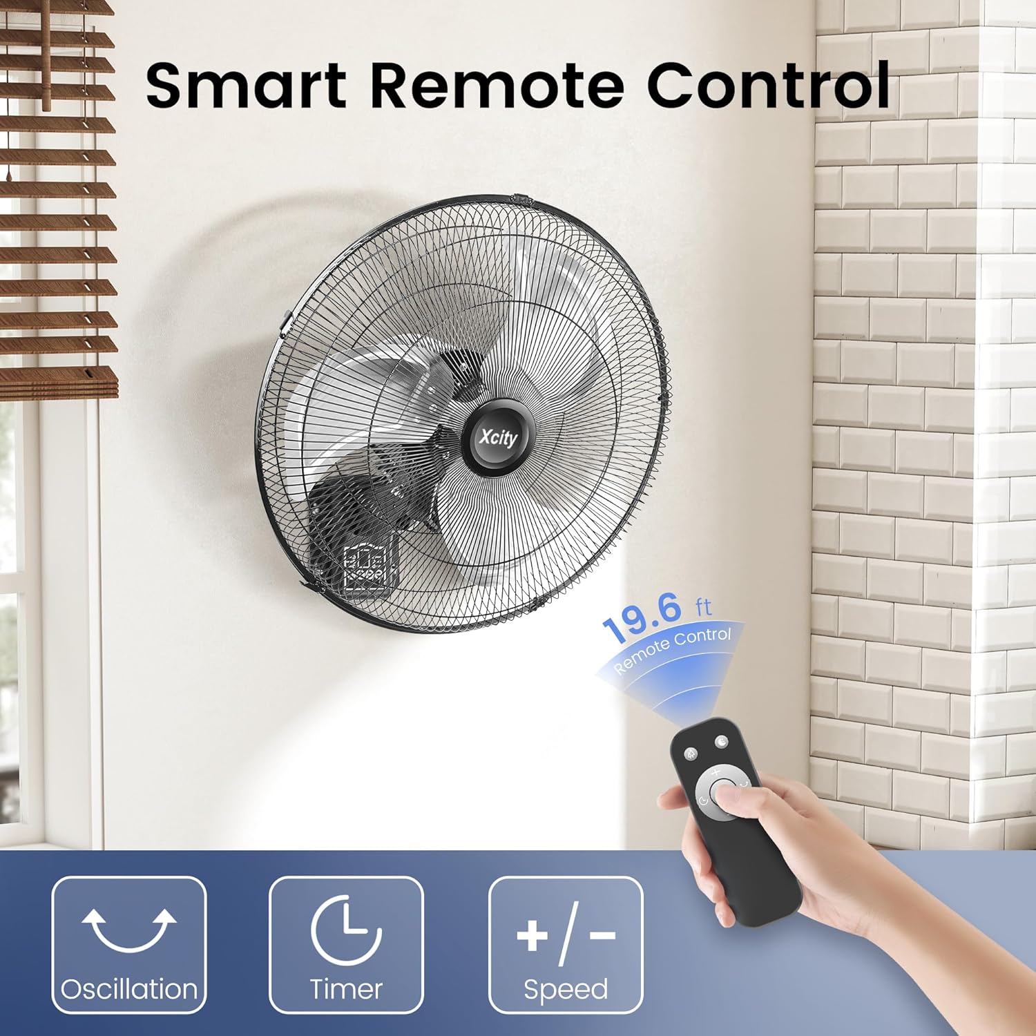 20" Oscillating Wall Mount Fan with Remote Control, 90° Auto Oscillation & Timer, Industrial Grade with 3 Speeds, Digital Display, Quiet Wall Mounted Fan for Home Gym, Garage, Workshop - Image 4