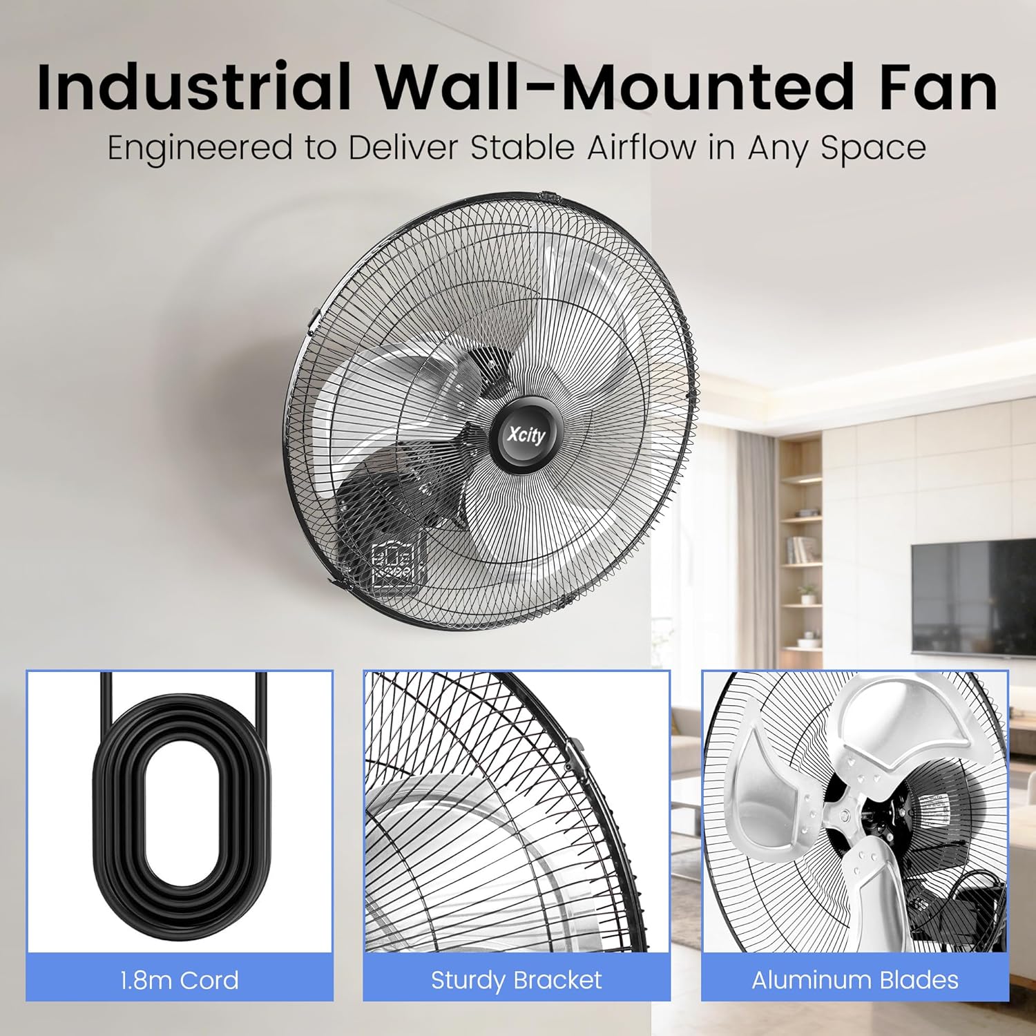 20" Oscillating Wall Mount Fan with Remote Control, 90° Auto Oscillation & Timer, Industrial Grade with 3 Speeds, Digital Display, Quiet Wall Mounted Fan for Home Gym, Garage, Workshop - Image 6