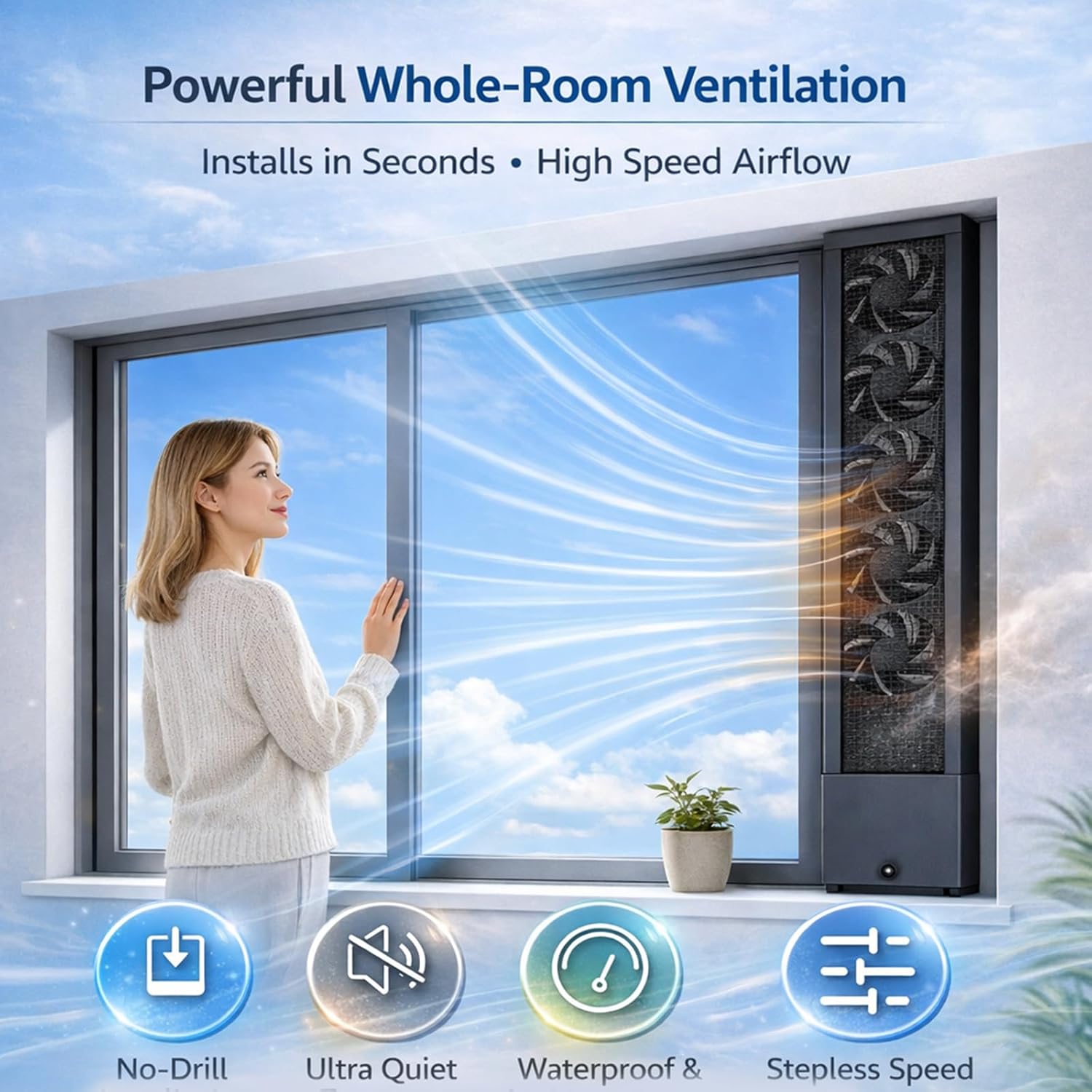 Vertical Window Exhaust Fan for Sliding Windows, Reversible Airflow Window Fan with Stepless Speed Control, No-Tools Punch-Free Installation Ventilation Fan for Bedroom Bath black 31.5-33.5in/80-85cm - Image 2