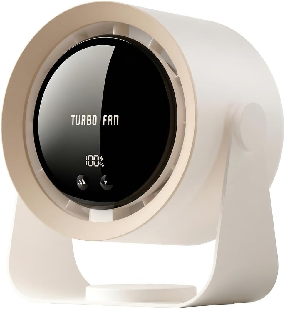 Desk Fan, USB Rechargeable Quiet Desktop Fan with 5400mAh Battery & LED Display, Adjustable Speed Control, 90° Tilt Head Hangable Table Fan for Office, Bedroom, Dorm, Kitchen (Khaki)