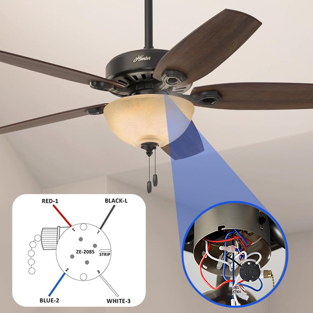 Ceiling Fan Switch Zing Ear ZE-208s E89885 3 Speed 4 Wire Pull Chain Switch Fan Light Switch Replacement Part with 4 Pre-Installed Wires(Brass Chain) - Image 3