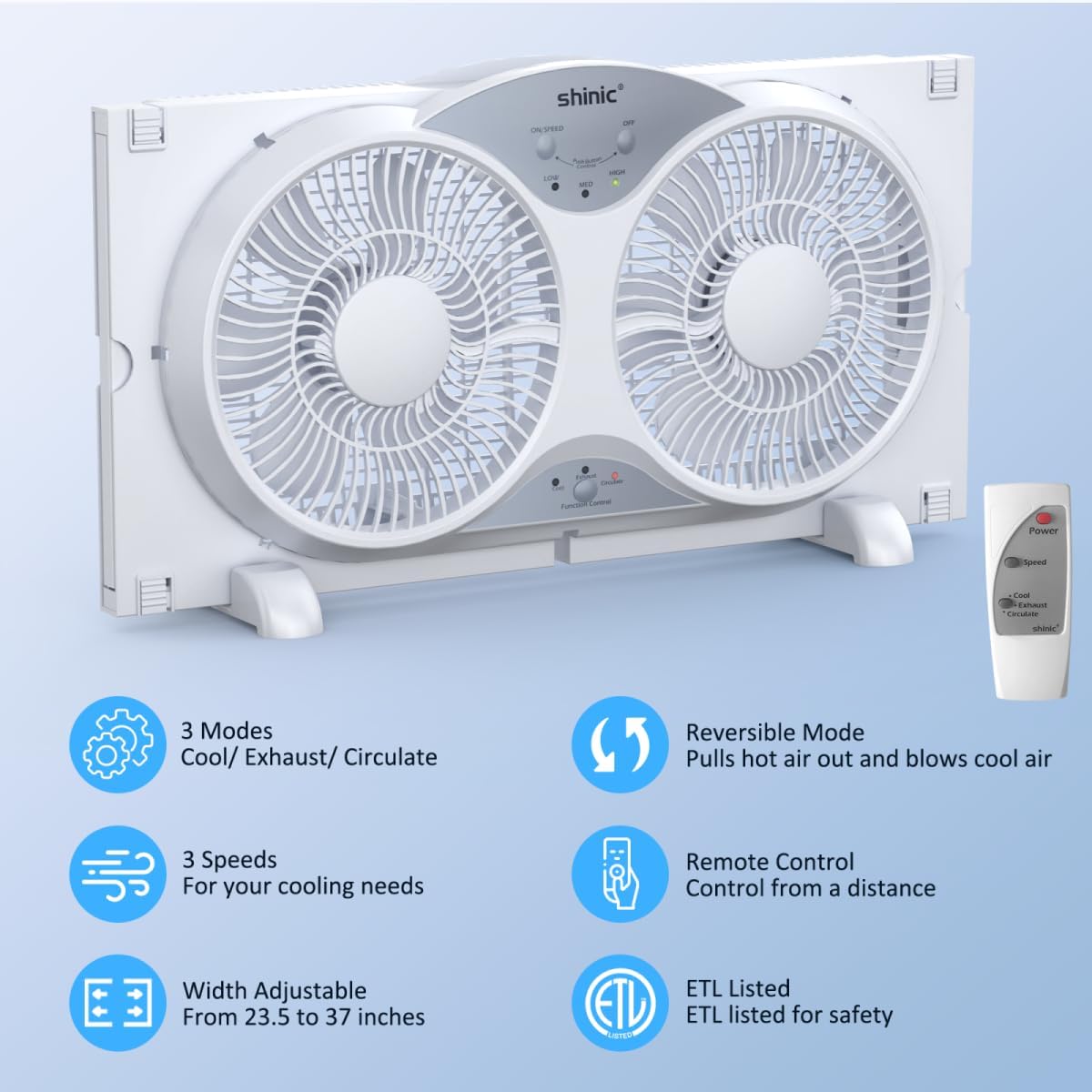 shinic Window Fan with Reversible Airflow Quiet, Twin 9" Blades, Full Remote Control, 3 Functions-3 Speeds, Bathroom Kitchen Window Exhaust Fan, Width Adjustable (From 23.5" to 37") ETL Certified - Image 2