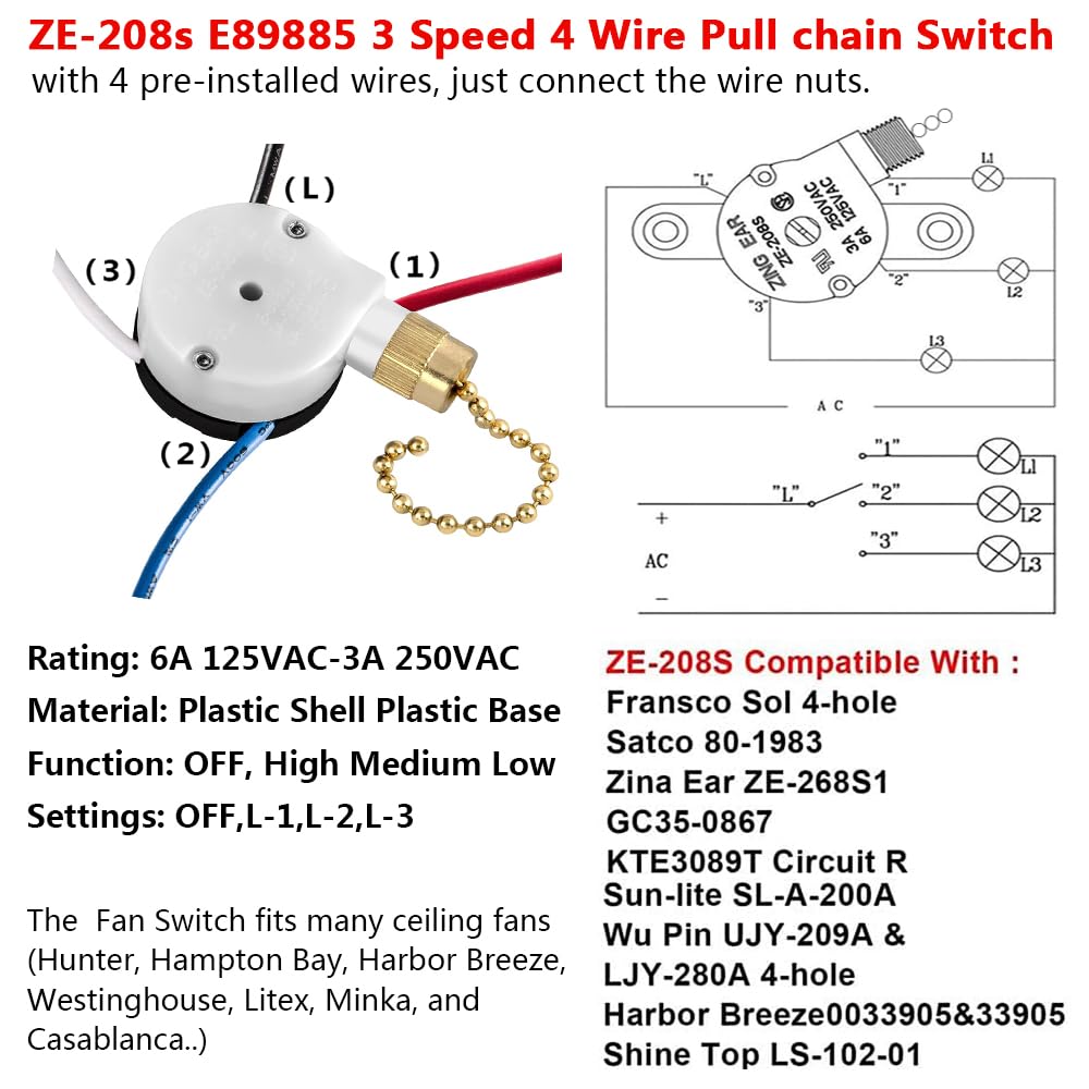 Ceiling Fan Switch Zing Ear ZE-208s E89885 3 Speed 4 Wire Pull Chain Switch Fan Light Switch Replacement Part with 4 Pre-Installed Wires(Brass Chain) - Image 2