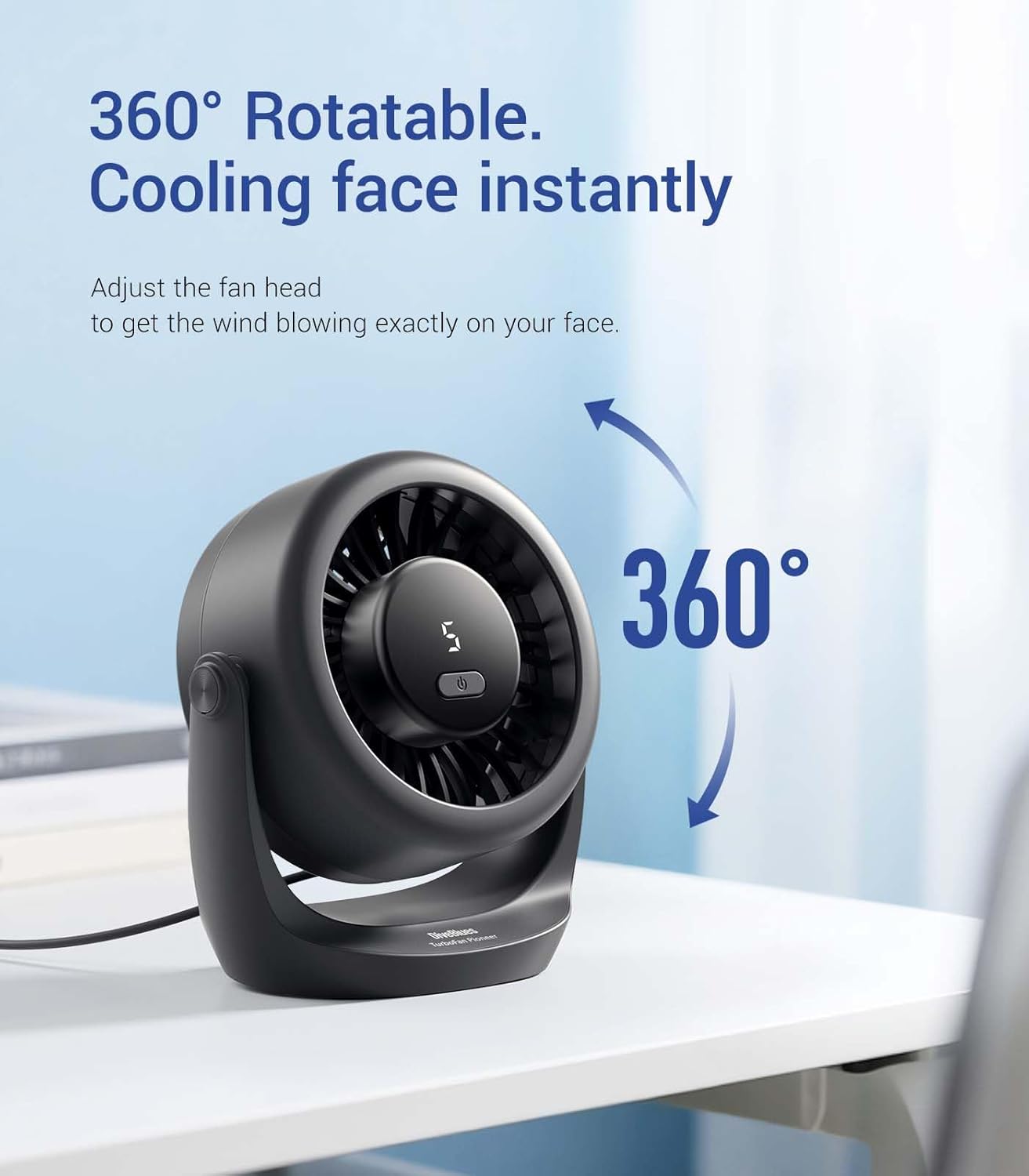 Diveblues USB Desk Turbo Fan, Ultra-Quiet Mini Desk Fan, Powerful Wind, LED Display, 5 Speed, 360° Rotating Small Portable Fan for Home, Office and Outdoor Cool Tech Gadgets - TurboBreeze - Image 6