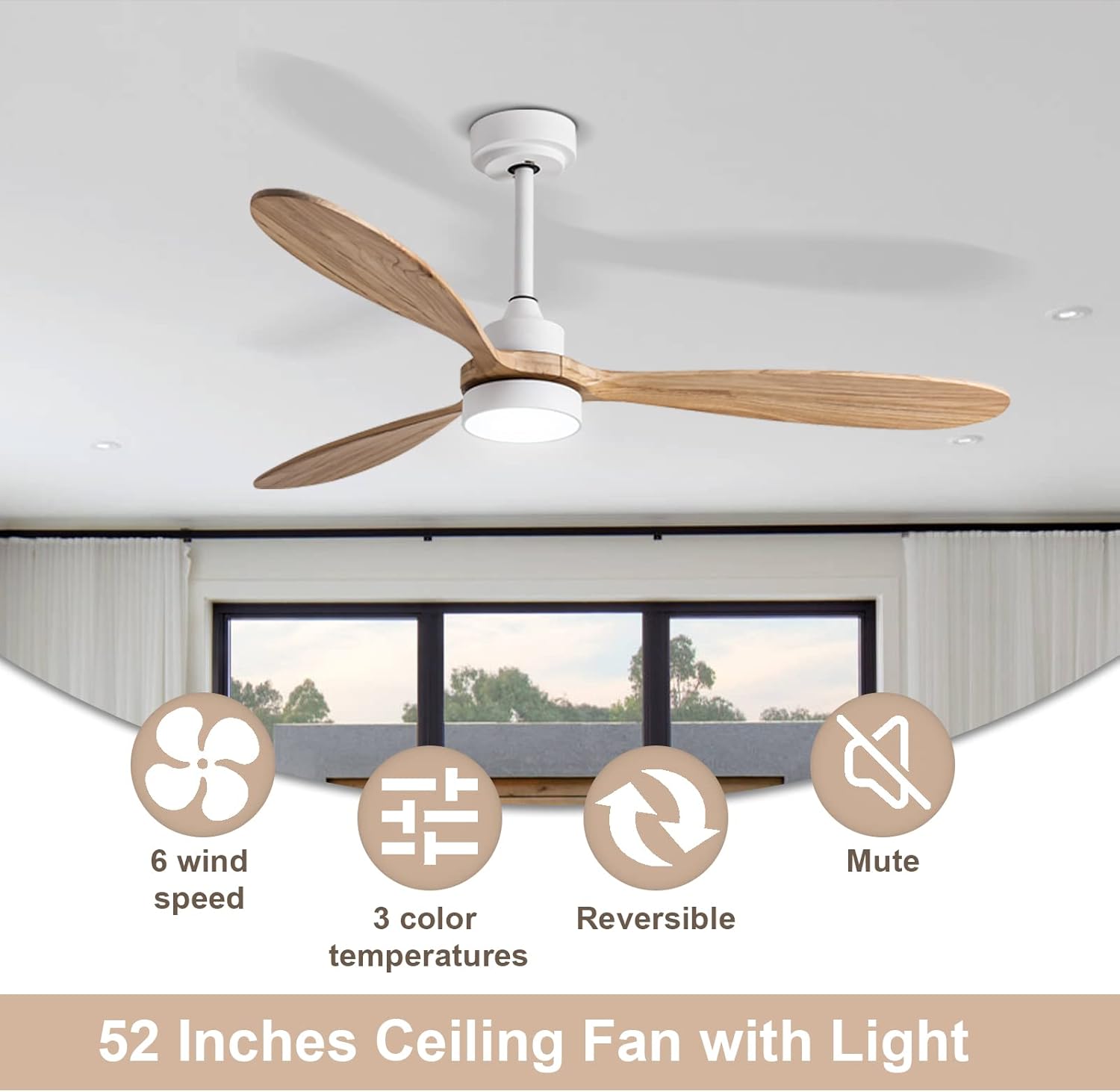 GESUM Ceiling Fan with Light, 52" Wood Ceiling Fan with Light Remote Control,6 Speeds,Low Profile Ceiling Fan Light for Indoor/Outdoor - Image 2