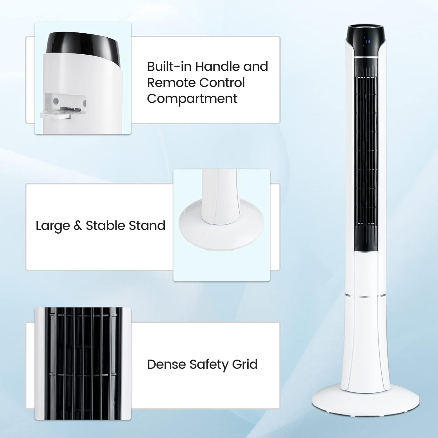 Tangkula 48-Inch Tower Fan with Remote Control, Quiet Bladeless Tower Fan w/ 3 Speeds, 3 Modes, 1-15H Timer & LED Display, 80° Oscillating Floor Standing Fan, Portable Circulating Fan for Home Office - Image 9