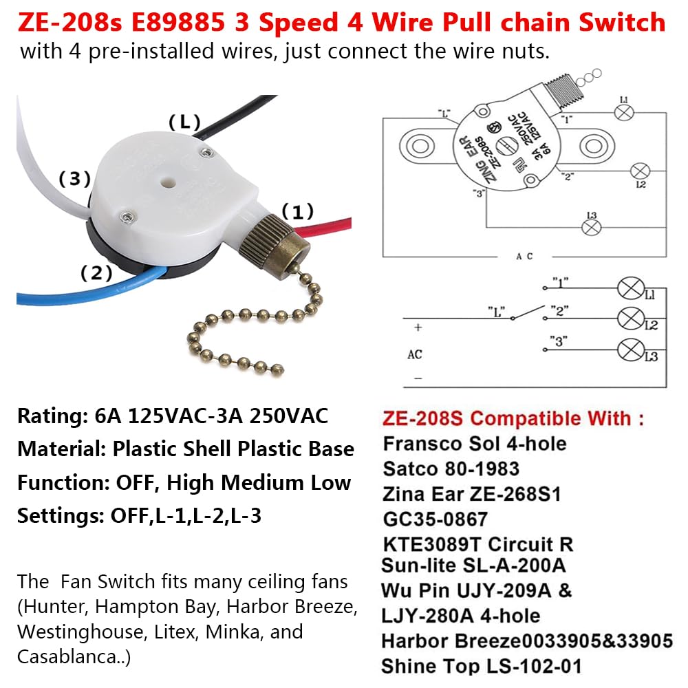 Ceiling Fan Switch Zing Ear ZE-208s E89885 3 Speed 4 Wire Pull Chain Switch Fan Light Switch Replacement Part with 4 Pre-Installed Wires(Bronze Chain) - Image 2