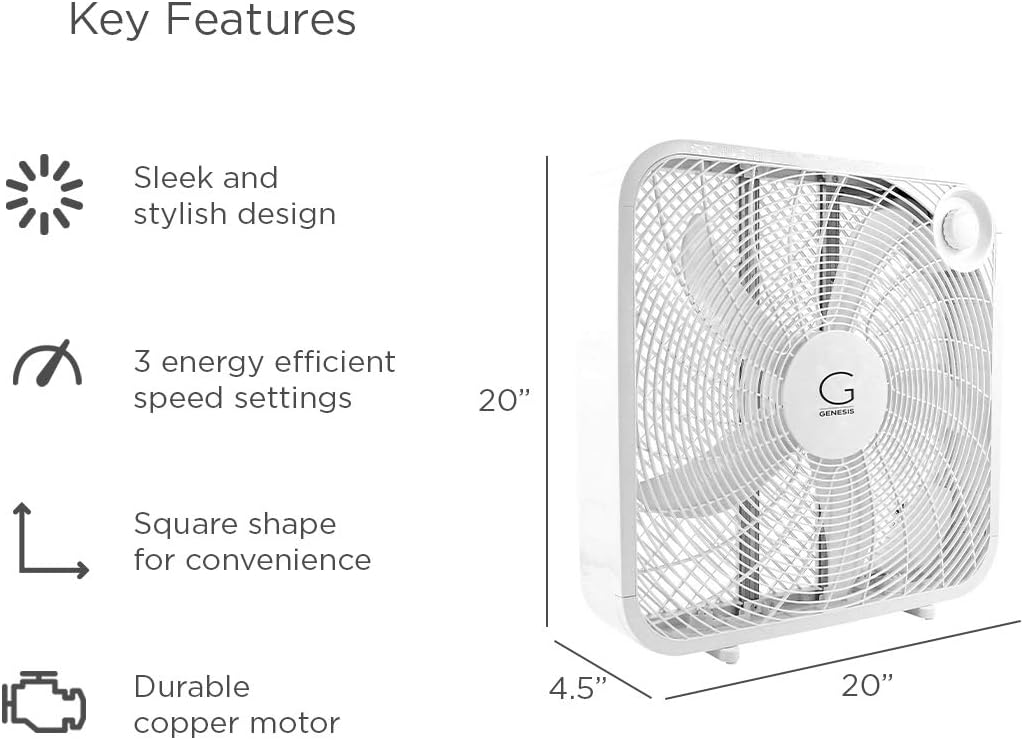 Genesis 20" Box Fan, 3 Settings, Max Cooling Technology, Carry Handle, White (G20BOX-WHT) - Image 5