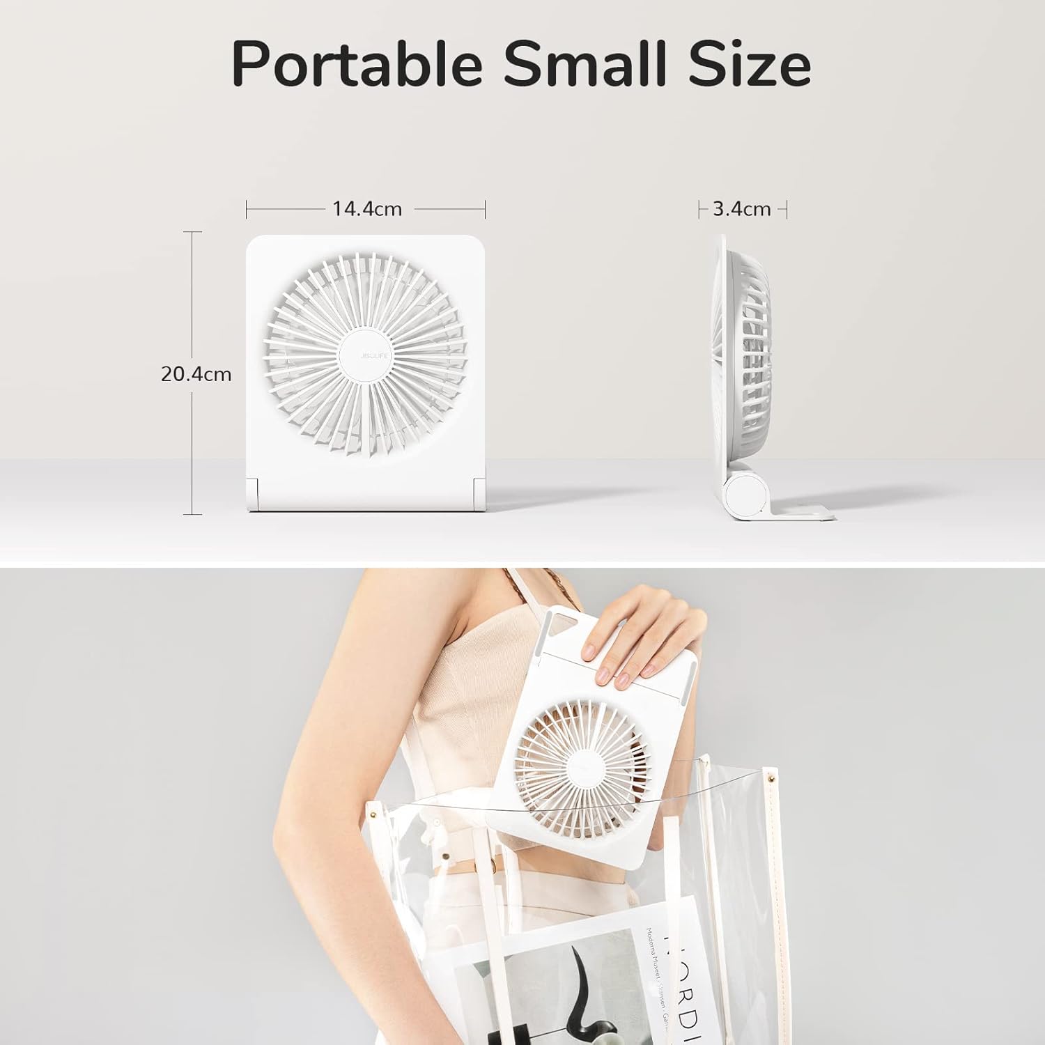 JISULIFE Small Desk Fan, Portable USB Rechargeable Fan, 160° Tilt Folding Personal Mini Fan with 4500mAh Battery, Strong Wind, Ultra Quiet, 4 Speed Modes for Office, Home, Camping - White - Image 6