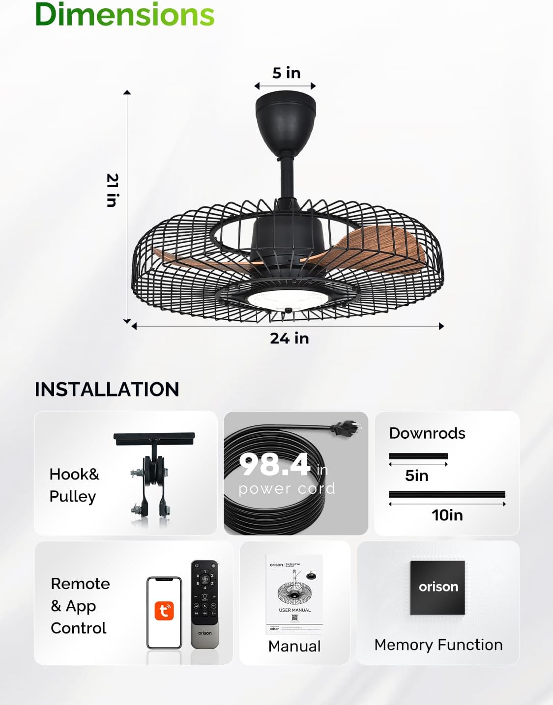 Orison Outdoor Ceiling Fans with Lights for Patio, 24" Weatherproof Ceiling Fan, Gazebo Fan Remote & APP Control, 3CCT Dimmable,Caged Plug in Ceiling Fan with Hanging Hook for Pergola Porch Canopy - Image 2