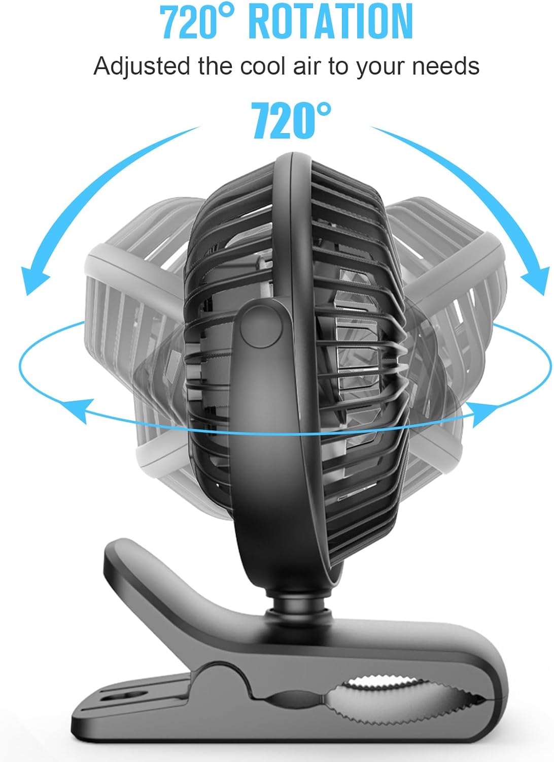 HONYIN Clip on Fan, 720° Rotation Small Desk & Clip Fan, Personal Cooling Fan with Sturdy Clamp, 3 Speeds, Quiet Little Fan by USB Plug In, for Bedroom Office Desktop Treadmill - Image 5