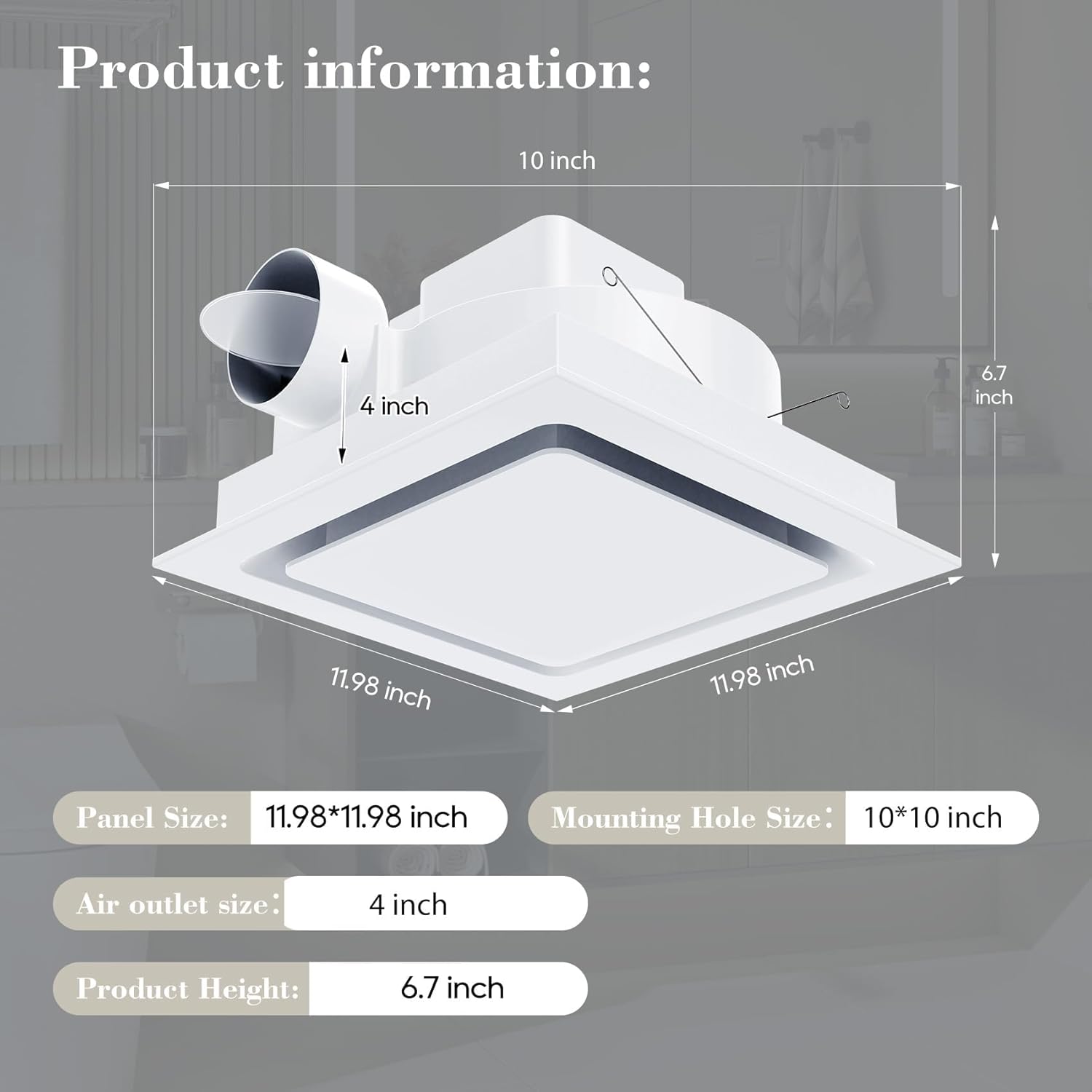 Bathroom Exhaust Fan 12" Panel Ultra Quiet without Light(10x10 Mount), 1.0 Sone 130CFM, 4" Duct for Bathroom/Garage/Home - Image 2