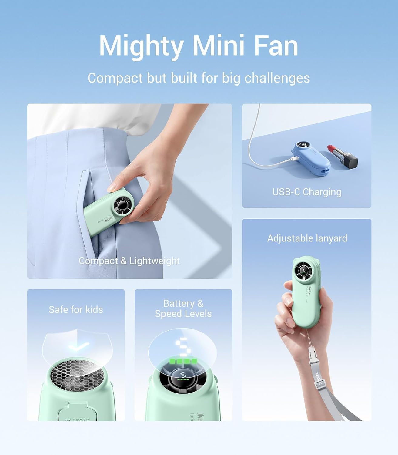 Diveblues TurboBear Mini Turbo Portable Fan, Powerful 8.8m/s Speed, Ultra-Light 86.5g Handheld Fan, 5 Speeds Cooling, Rechargeable Battery Powered, Pocket Sized, Cute Gifts Travel Essentials For Women - Image 4