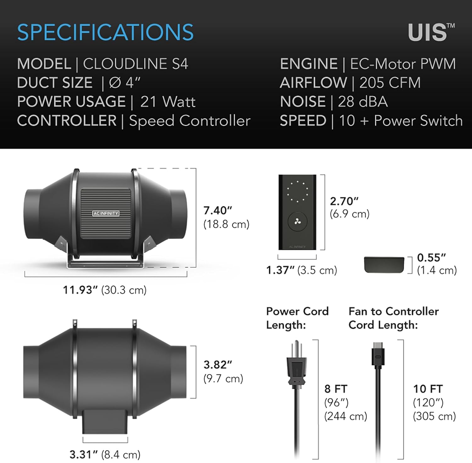 AC INFINITY CLOUDLINE S4, Quiet 4 In Inline Duct Fan with Speed Controller - Ventilation Exhaust Fan for Heating Cooling Booster, Grow Tents, Hydroponics - Image 6