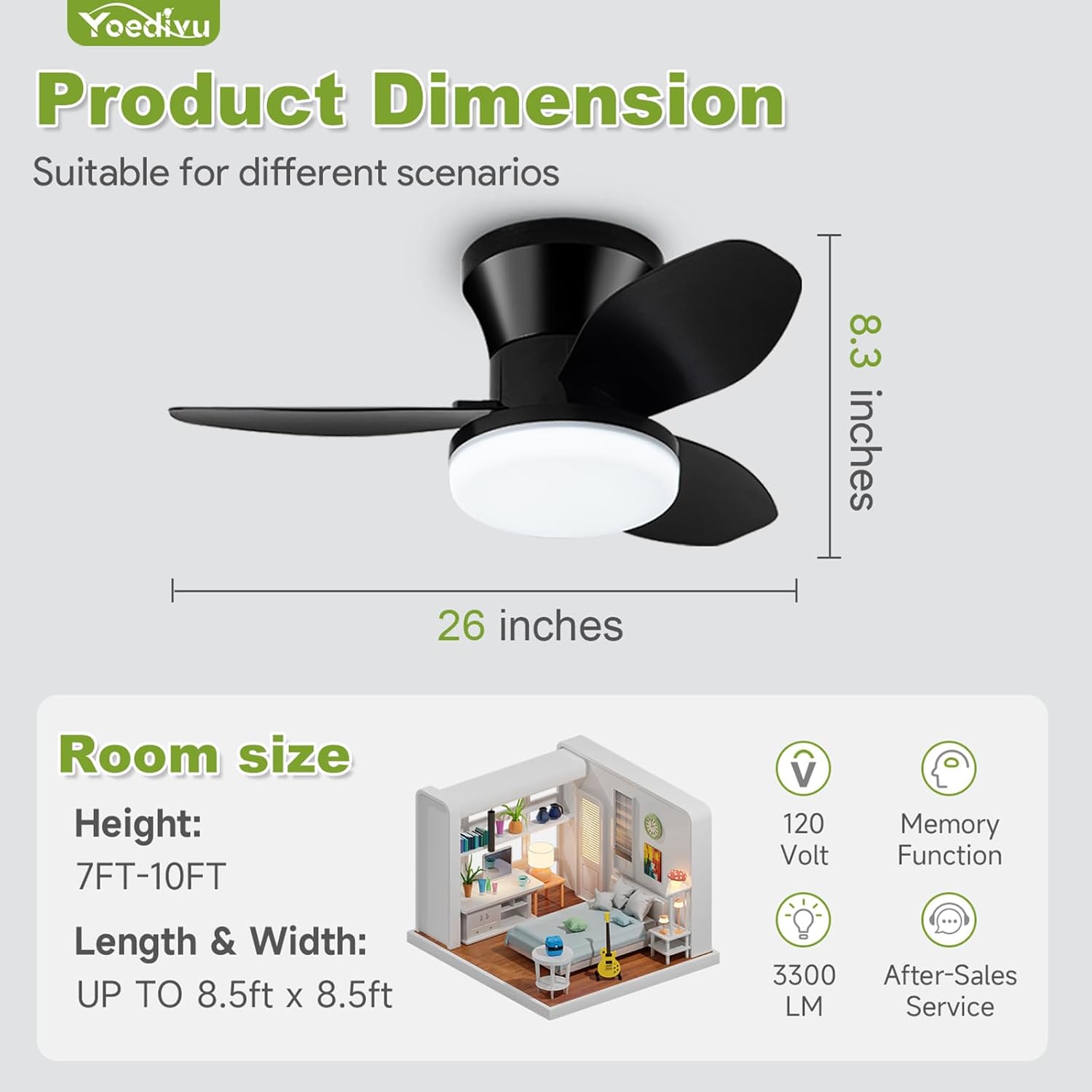 Small Ceiling Fan, 26 Inch Black Flush Mount Ceiling Fan with Lights and Remote, Low Profile Ceiling Fan with 3 Reversible Blades 6 Wind Speeds, Modern Ceiling Fan for Bedroom Kitchen - Image 7