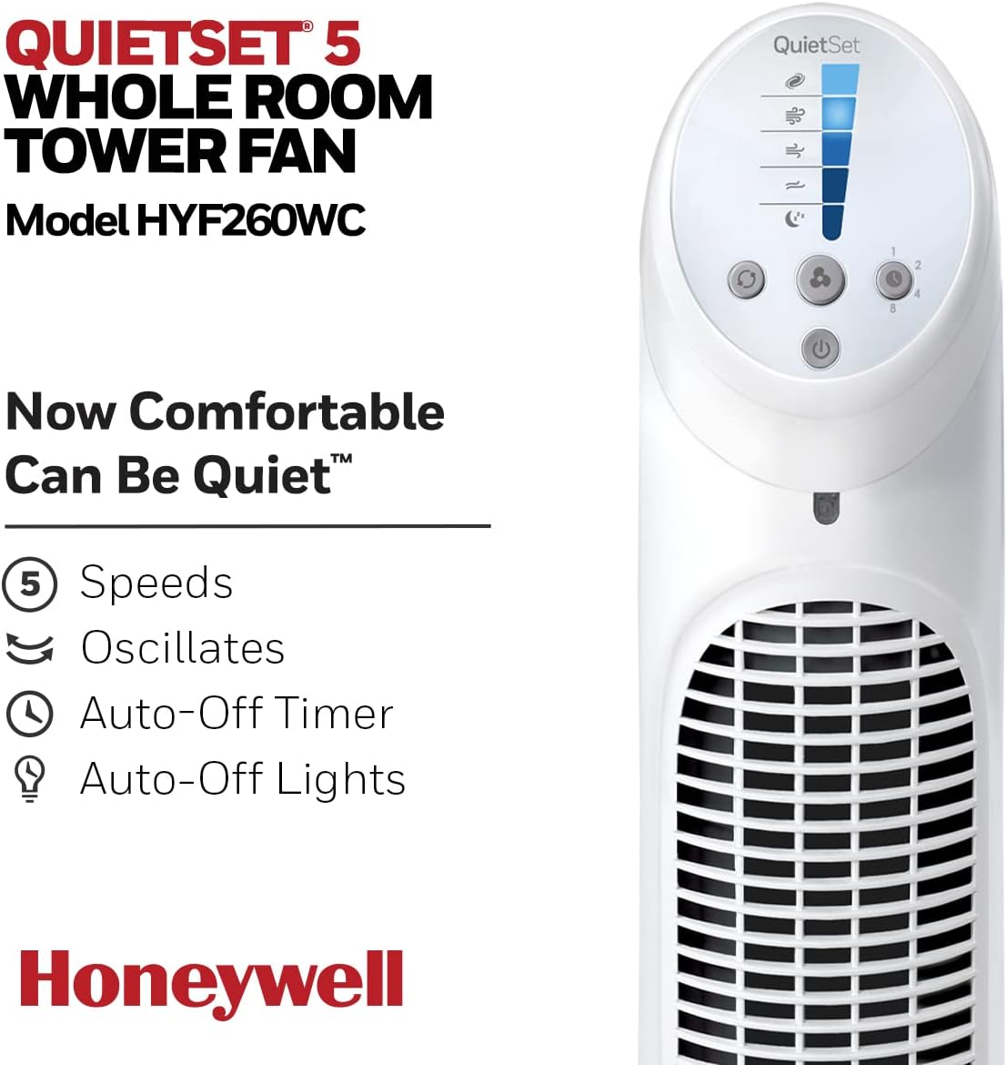Honeywell HYF260WC QuietSet® Whole Room 40” Tall Tower Fan Home, Bedroom, Office, 75° Oscillation, Remote Control, 5 speeds, Slim Profile, Auto Shut-Off, Portable, Easy-to Use Controls, White - Image 5