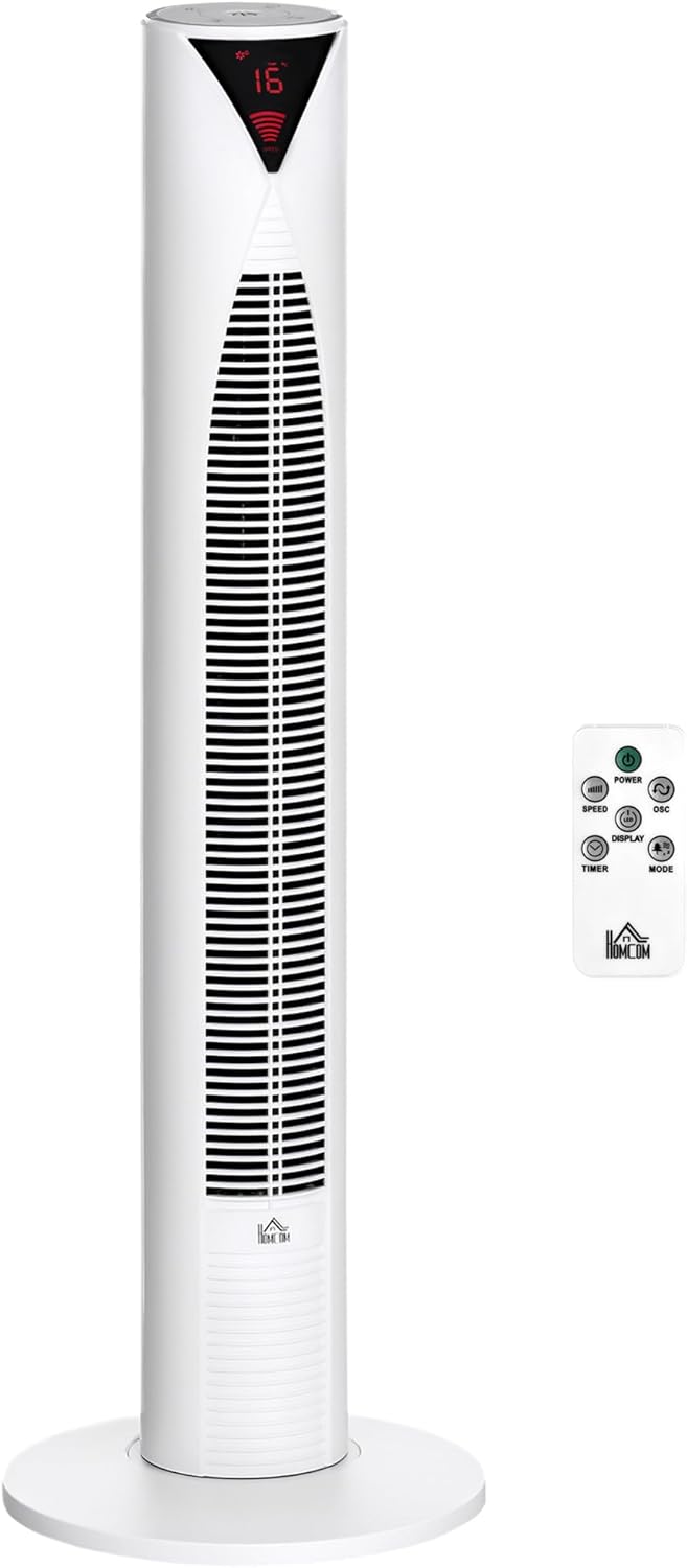 HOMCOM Freestanding Tower Fan Cooling for Home Bedroom with Oscillating, 4 Modes, 3 Speeds, 12h Timer, LED Sensor Panel, Remote Controller, White
