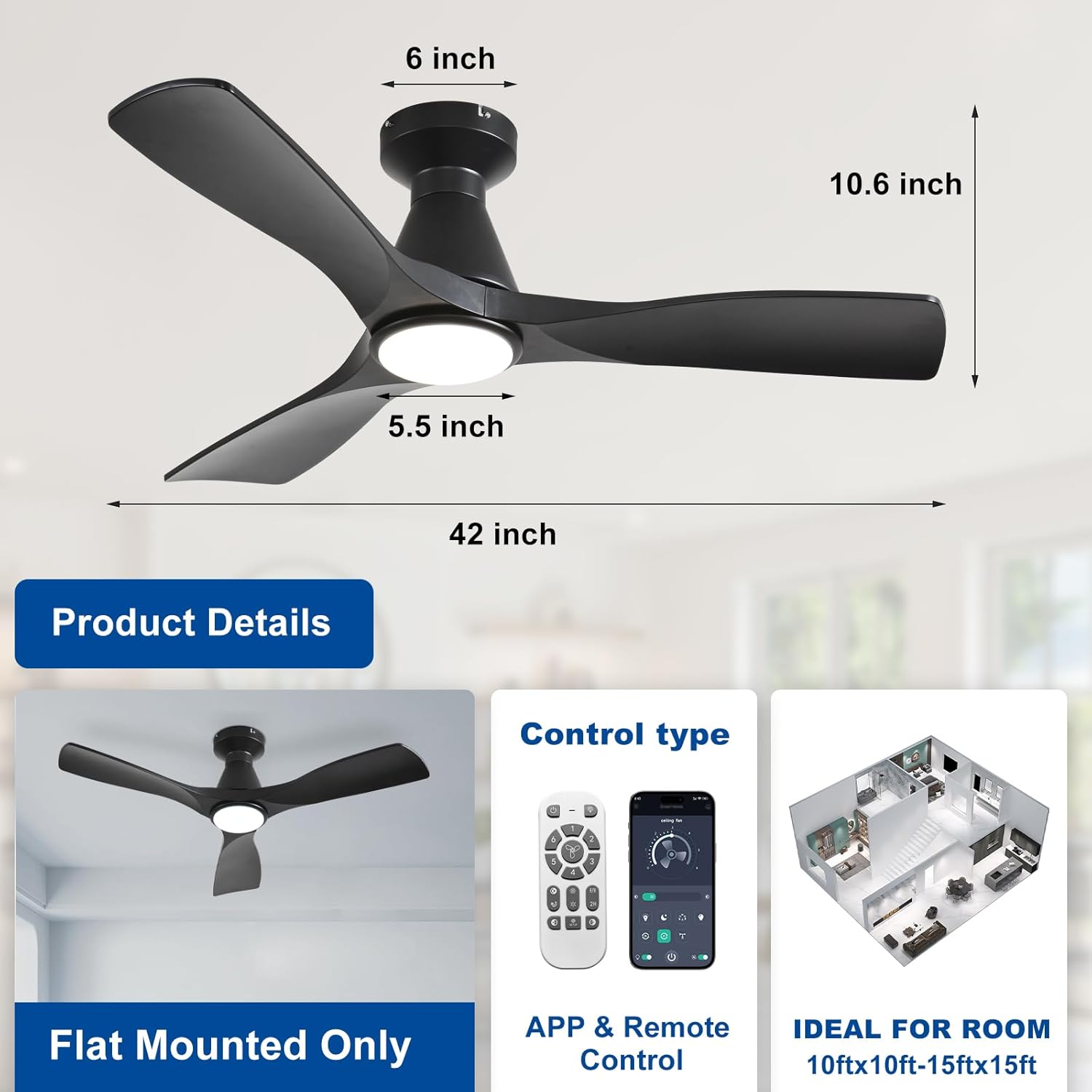 Depuley 42-Inch Ceiling Fans with Lights: Black 3 Blade Flush Mount Low Profile Ceiling Fan for Bedroom - Dimmable Indoor Outdoor Fan with Remote APP Control Ultra Quiet DC Motor Timer - Image 7
