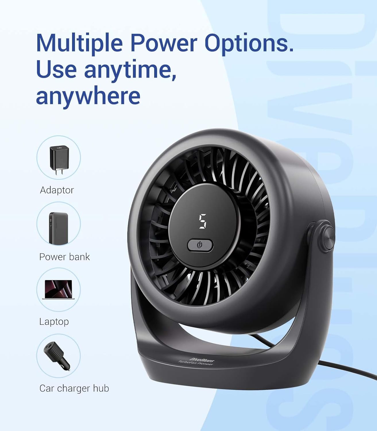 Diveblues USB Desk Turbo Fan, Ultra-Quiet Mini Desk Fan, Powerful Wind, LED Display, 5 Speed, 360° Rotating Small Portable Fan for Home, Office and Outdoor Cool Tech Gadgets - TurboBreeze - Image 4