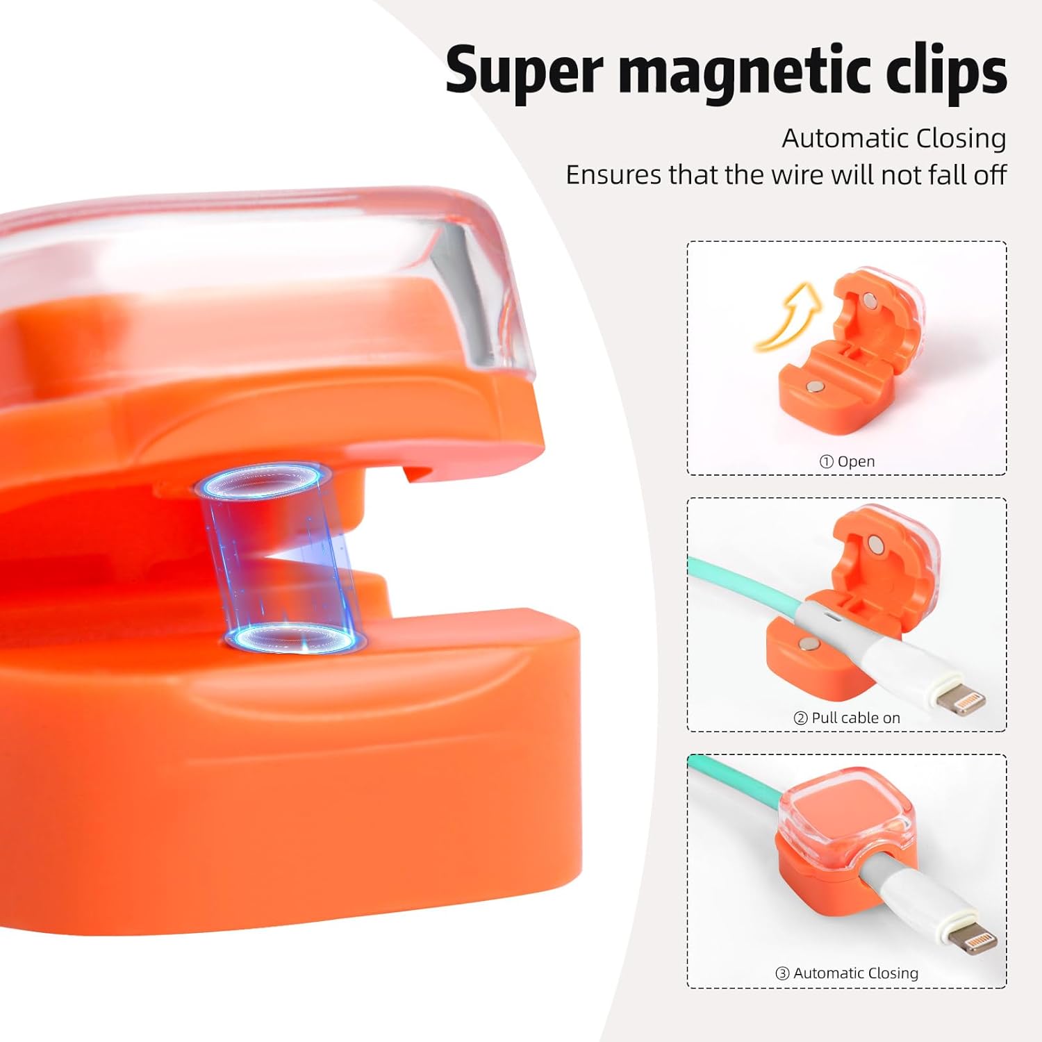 Magnetic Cable Clips Cord Organizer Holder, 6 Pack Adhesive Wire Holder Keeper Organizer USB Charging Cable Storage Holder for Home Office Phone Car Wall Desktop Nightstand Kitchen (Orange) - Image 6