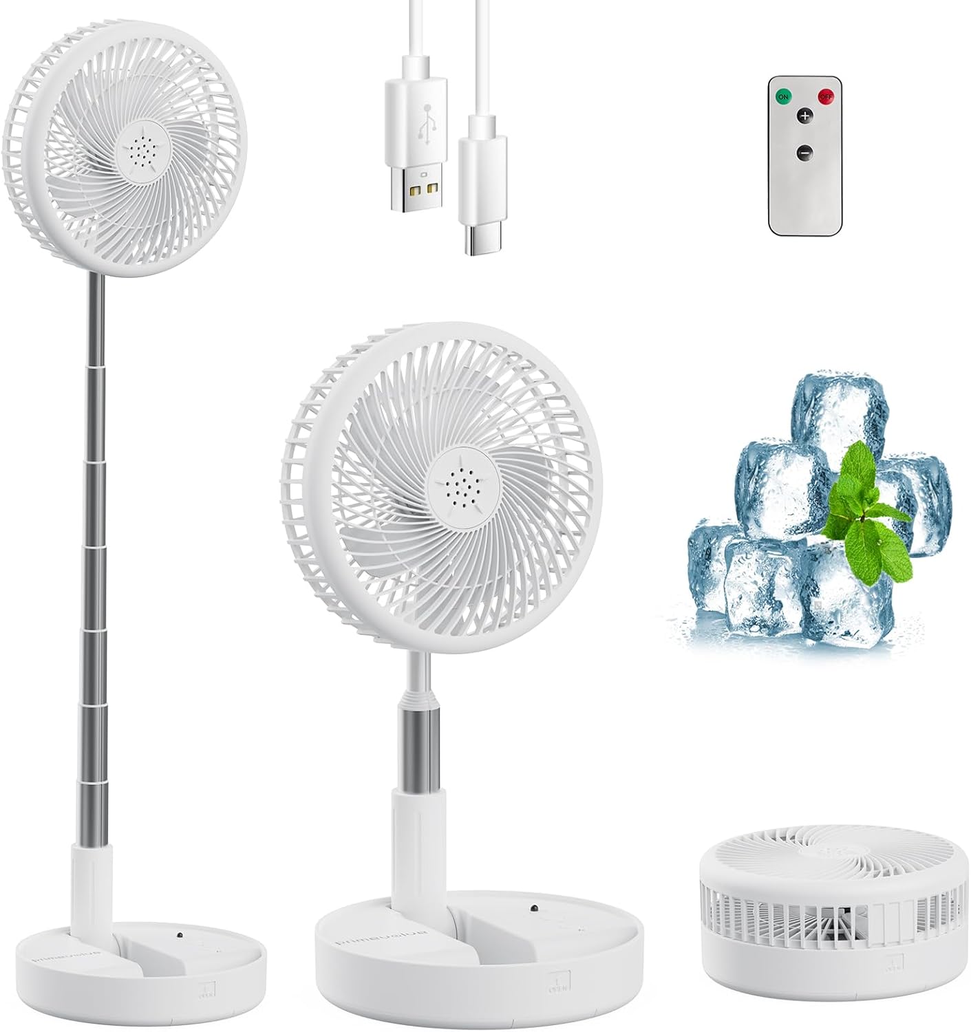 Primevolve Portable Battery Operated Standing Fan, Rechargeable USB Personal Floor Fan with Remote, Adjustable Height, White 7.7" Non-Oscillating