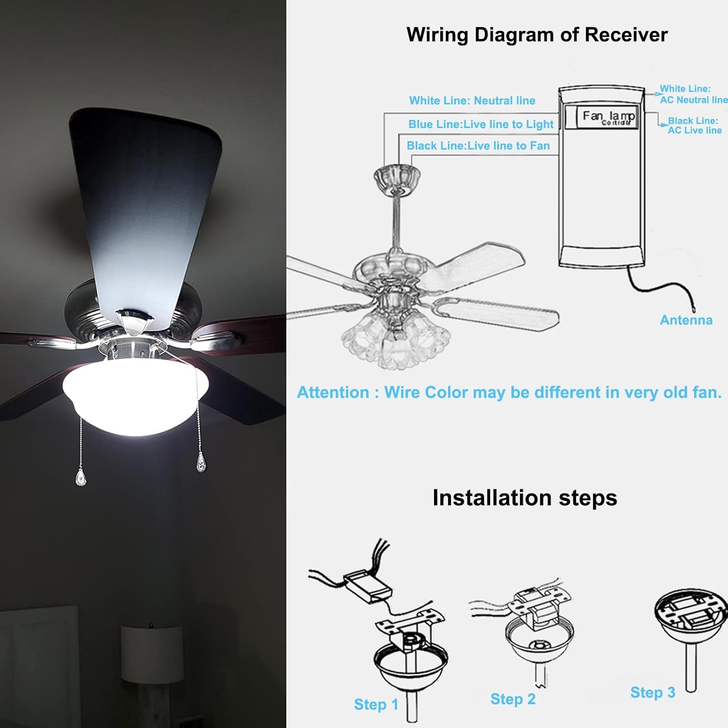 Ceiling Fan Remote Control and Receiver Kit, 3-in-1 Ceiling Fan Light 4 Timing and 3 Speed Wireless Remote Control for Ceiling Fan Lamp - Image 5