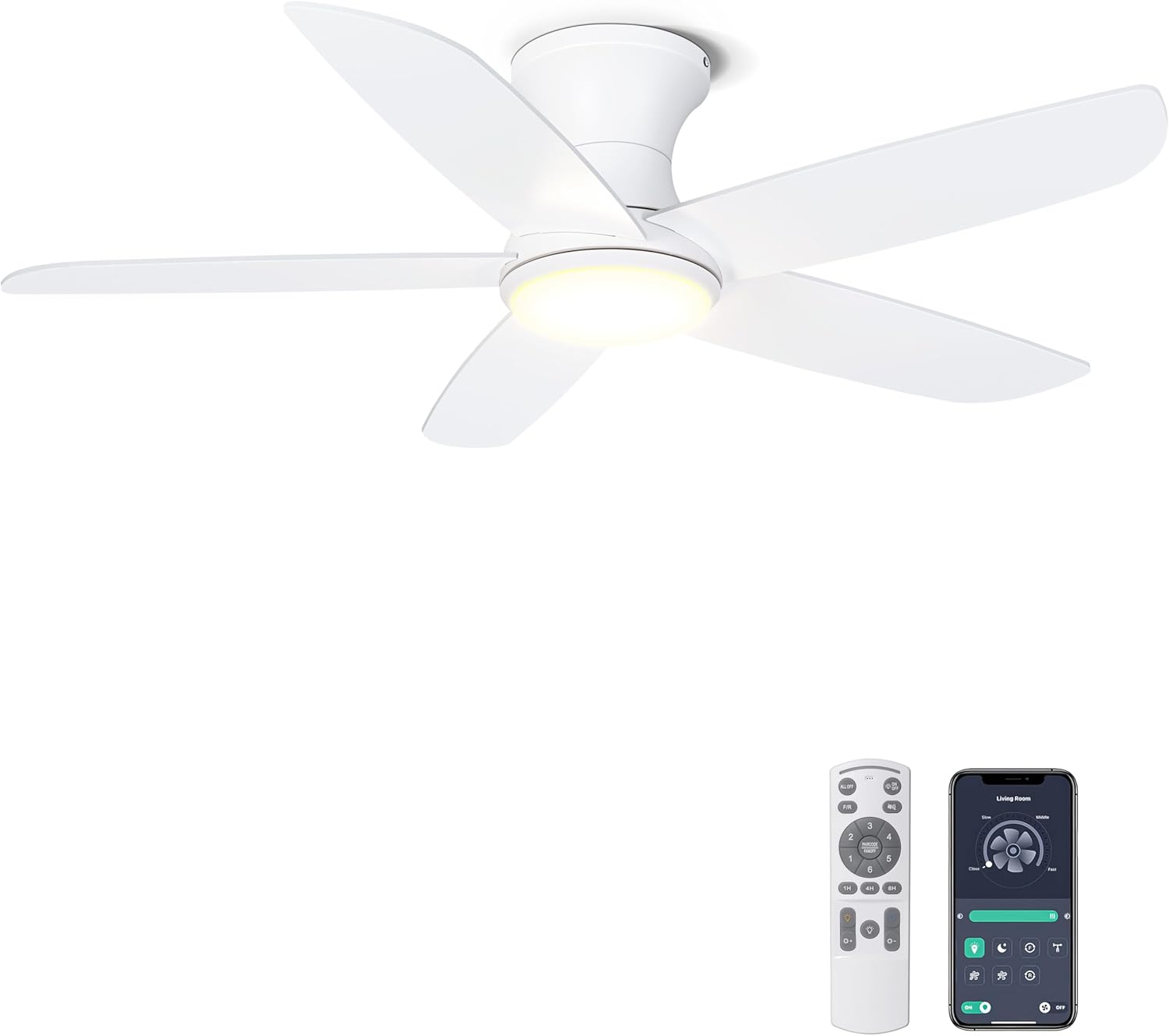 Ohniyou Ceiling Fan with Lights, 46" Flush Mount Ceiling Fans with Light, Remote & App Control, Low Profile, Reversible, 3CCT, Dimmable, Quiet DC Motor, Indoor/Outdoor Use, White