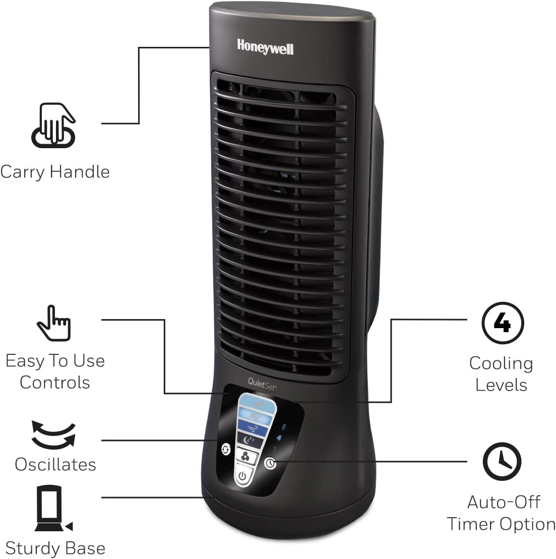 Honeywell HTF210BC QuietSet® 13" Personal Desk/Table Fan, Slim, Mini Tower, Oscillating Fan, Portable, Easy to Use Controls, Compact, 4 Speeds, Black - Image 6