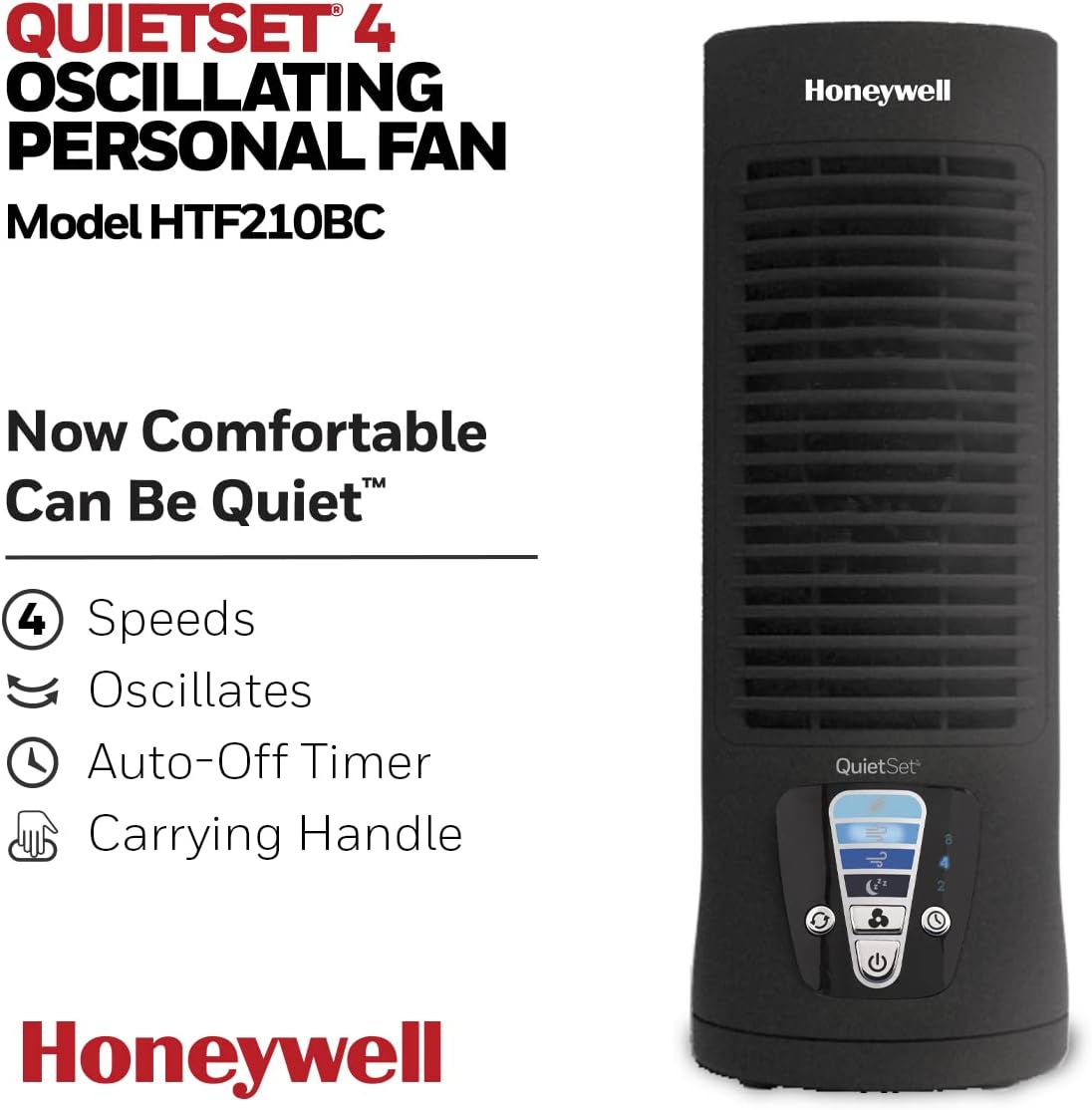 Honeywell HTF210BC QuietSet® 13" Personal Desk/Table Fan, Slim, Mini Tower, Oscillating Fan, Portable, Easy to Use Controls, Compact, 4 Speeds, Black - Image 4