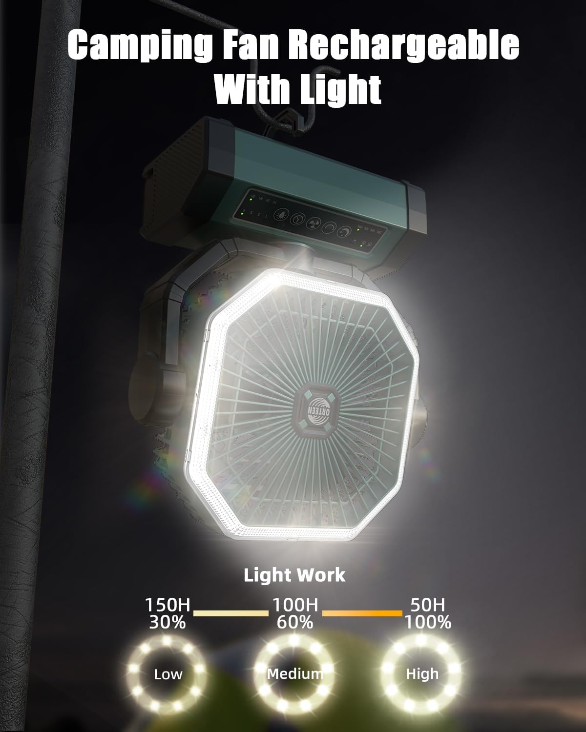 Portable Rechargeable Fan - 9-Inch Camping Fan for Tent, 24000mAh(60Hrs) Battery Operated Fan for Camping, Auto Oscillation Cordless Fans, Tent Fan with Remote/Light, 4 Speeds, 4 Timing, Outdoor - Image 4