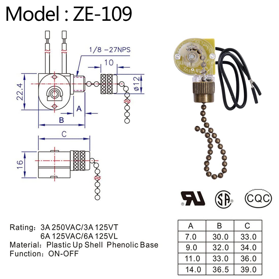 Ceiling Fan Switch Zing Ear ZE-109,Two-Wire On-Off Light Switch for Hunter Ceiling Fans Lamp and Wall Lights Replacement (Bronze Pull Chain) - Image 3