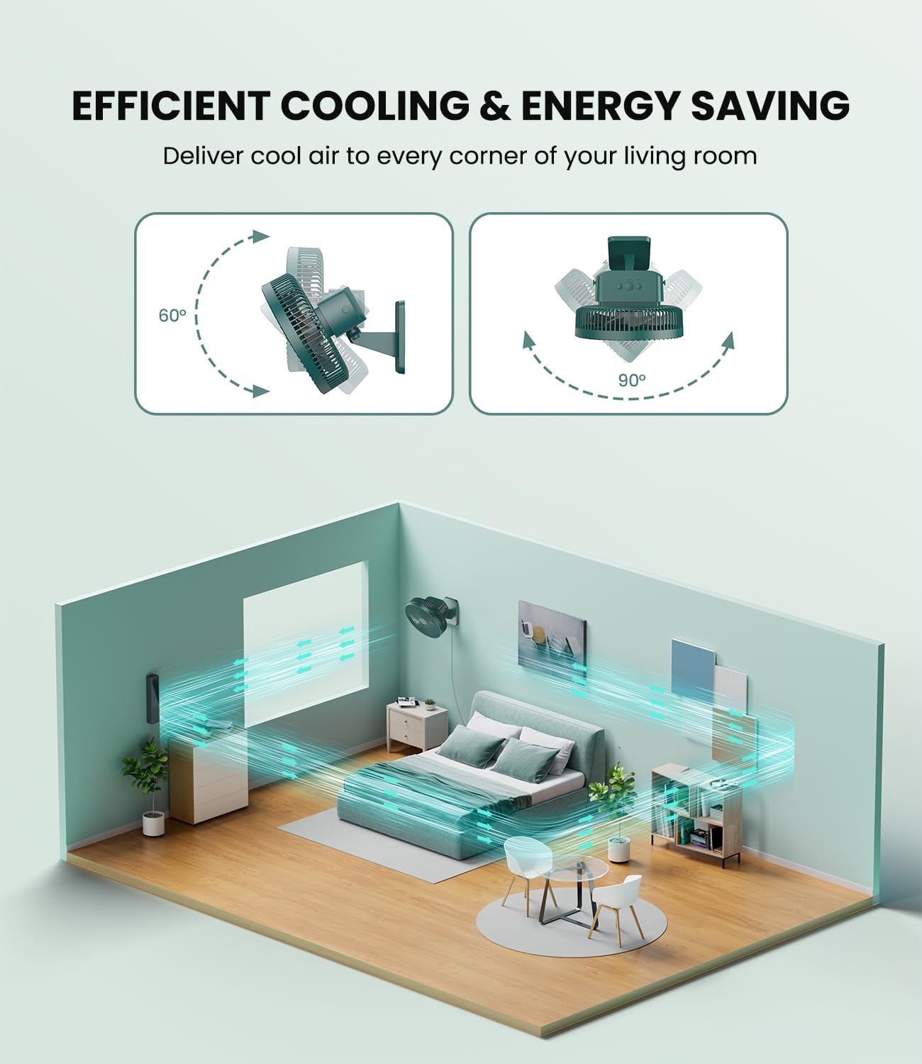 LEMOISTAR 10 Inch Oscillating Wall Mounted Fan with Remote Control, High Velocity 4 Speeds Timer, Adjustable Tilt,Ultra Quiet,for RV Bedroom Garage Office-Green - Image 4