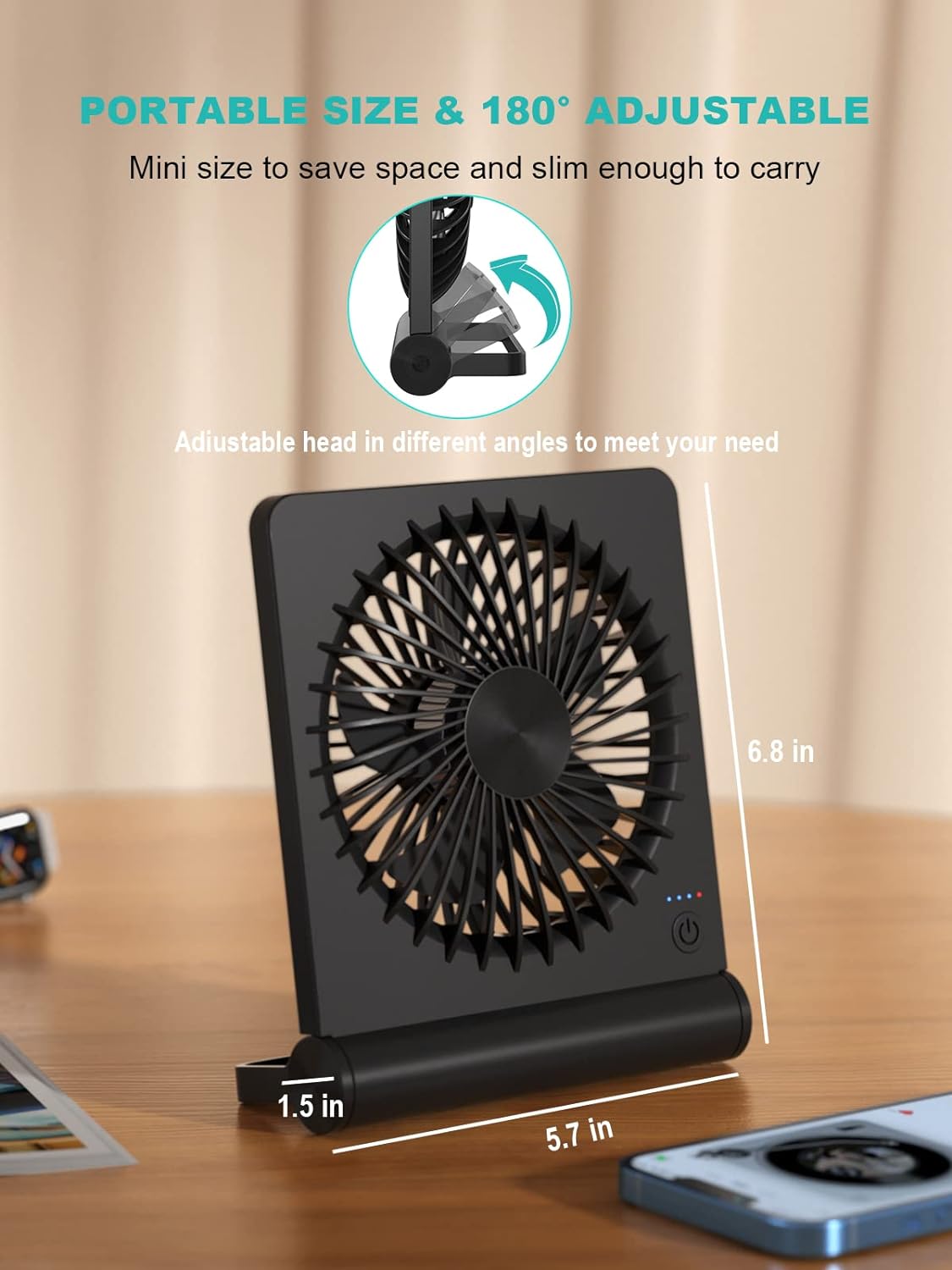 Small Desk Fan,Rechargeable USB Fan Battery Operated,Ultra Quiet, Strong Wind, 3 Speeds Travel Fans - Image 4