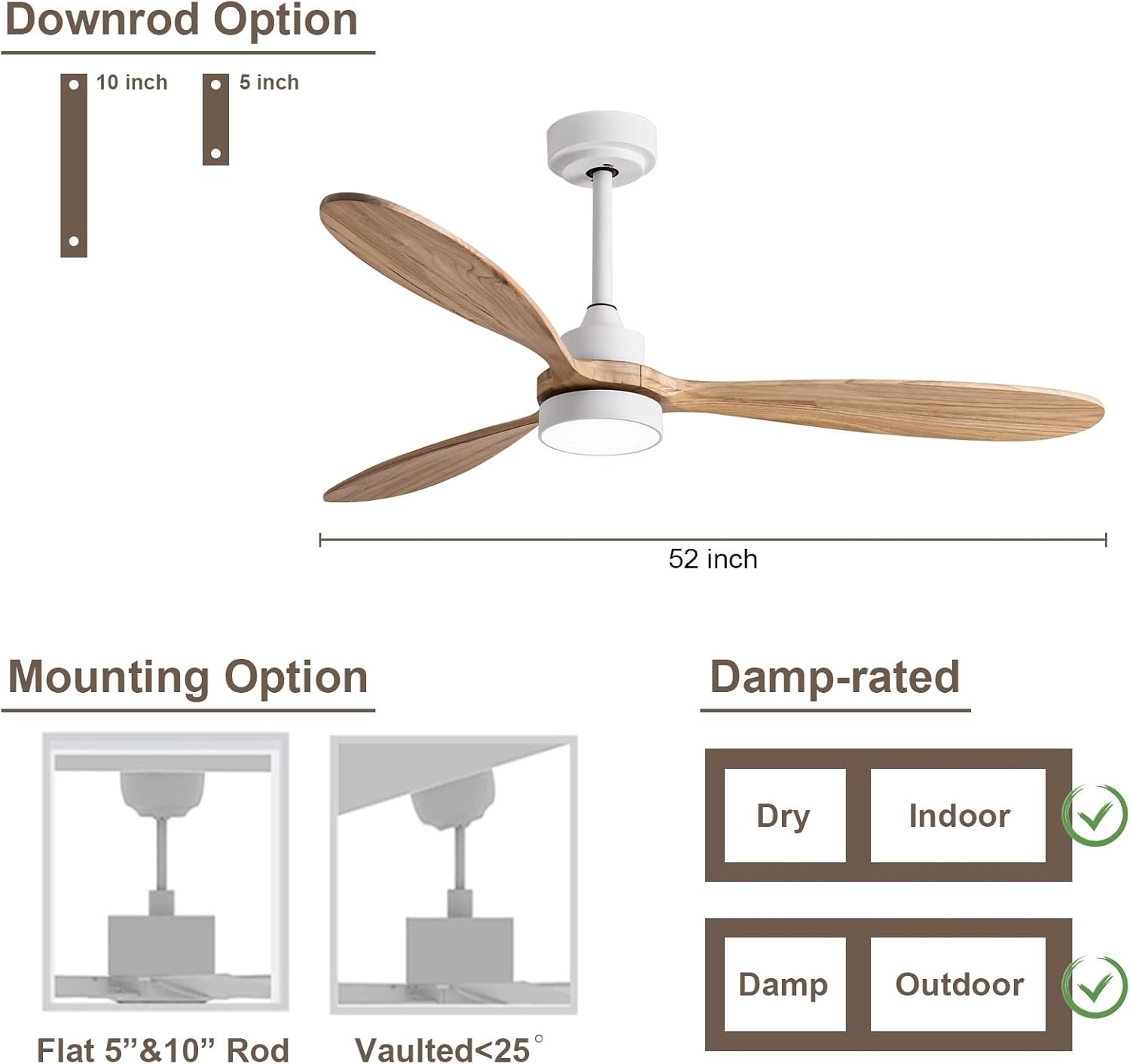 GESUM Ceiling Fan with Light, 52" Wood Ceiling Fan with Light Remote Control,6 Speeds,Low Profile Ceiling Fan Light for Indoor/Outdoor - Image 3