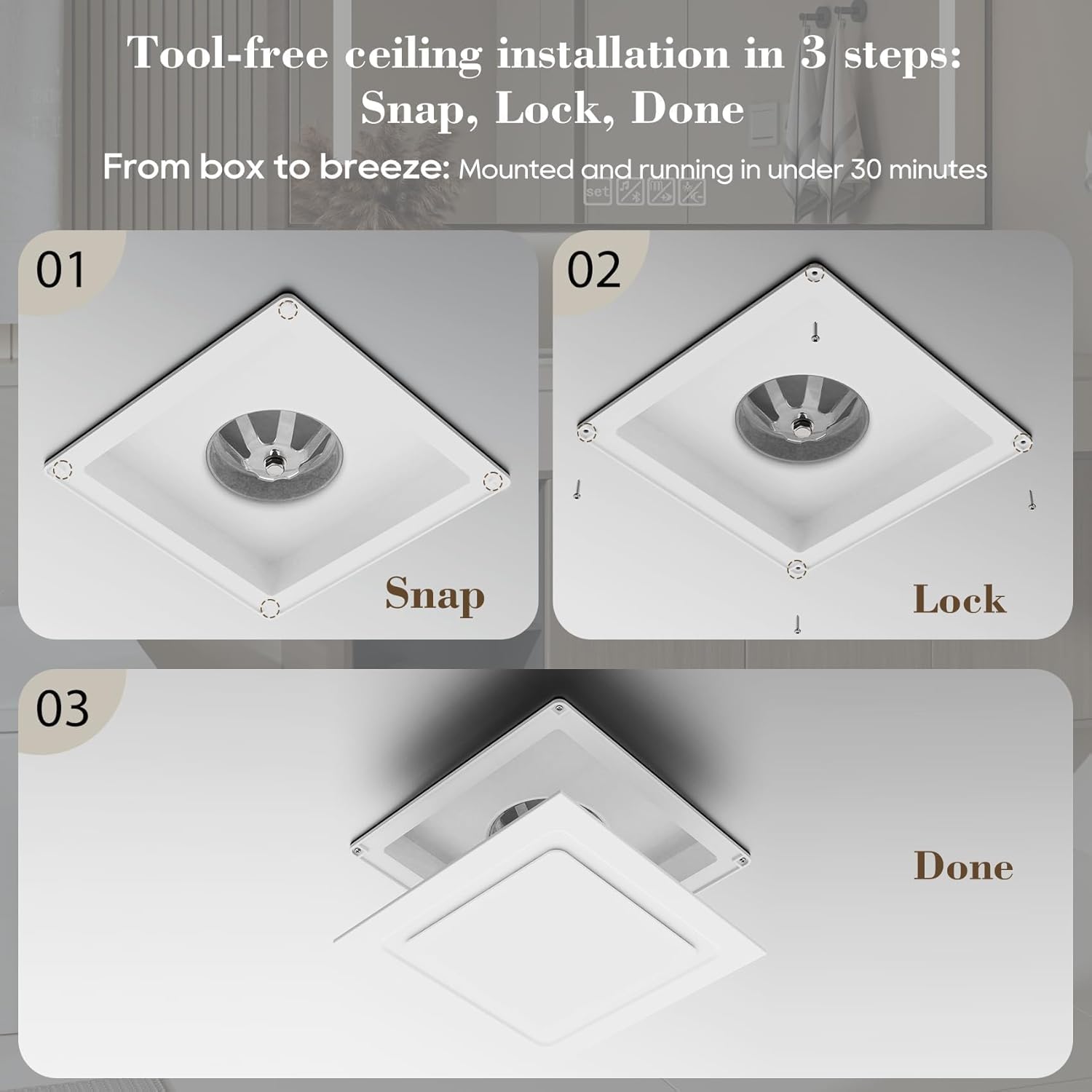 Bathroom Exhaust Fan 12" Panel Ultra Quiet without Light(10x10 Mount), 1.0 Sone 130CFM, 4" Duct for Bathroom/Garage/Home - Image 5