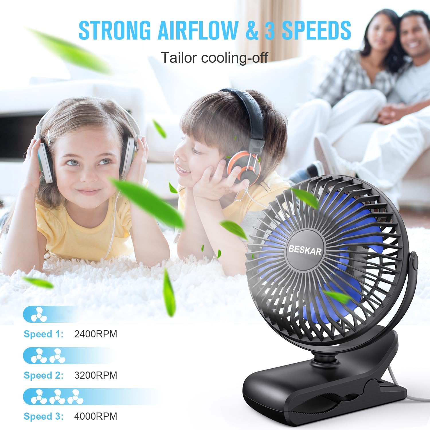 BESKAR USB Powered Clip on Fan, Portable Small Fan with Cord, 3 Speeds Strong Airflow, Personal Fan with Sturdy Clamp, Quiet Desk Fan & Clip Fan - Image 8