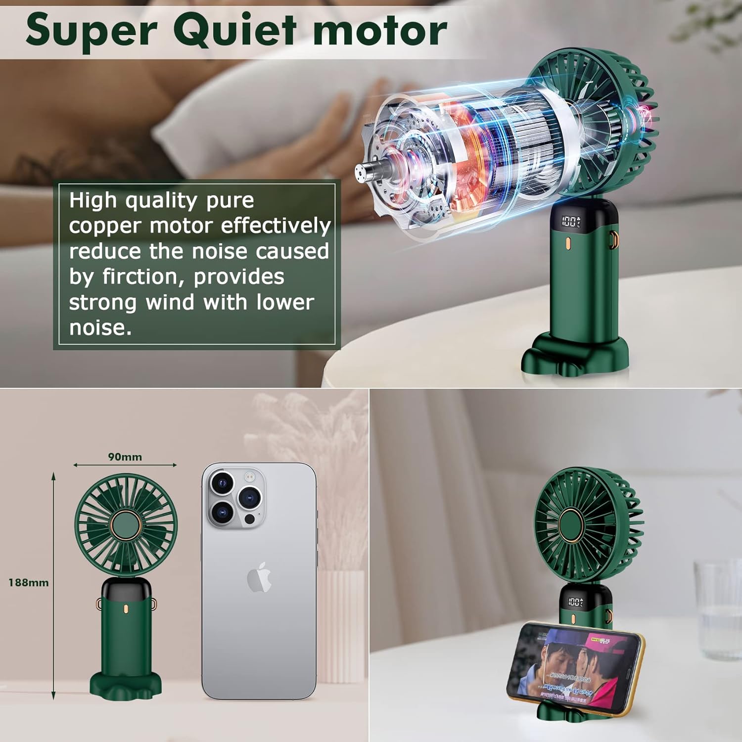 Handheld Fan, Mini Portable Fan USB Rechargeable, Small Pocket Fan 5 Speeds with Lanyard and Base, Built-in 4200mAh Battery USB Desk Fan Foldable for Office, Outdoor, Home, School (Green) - Image 5