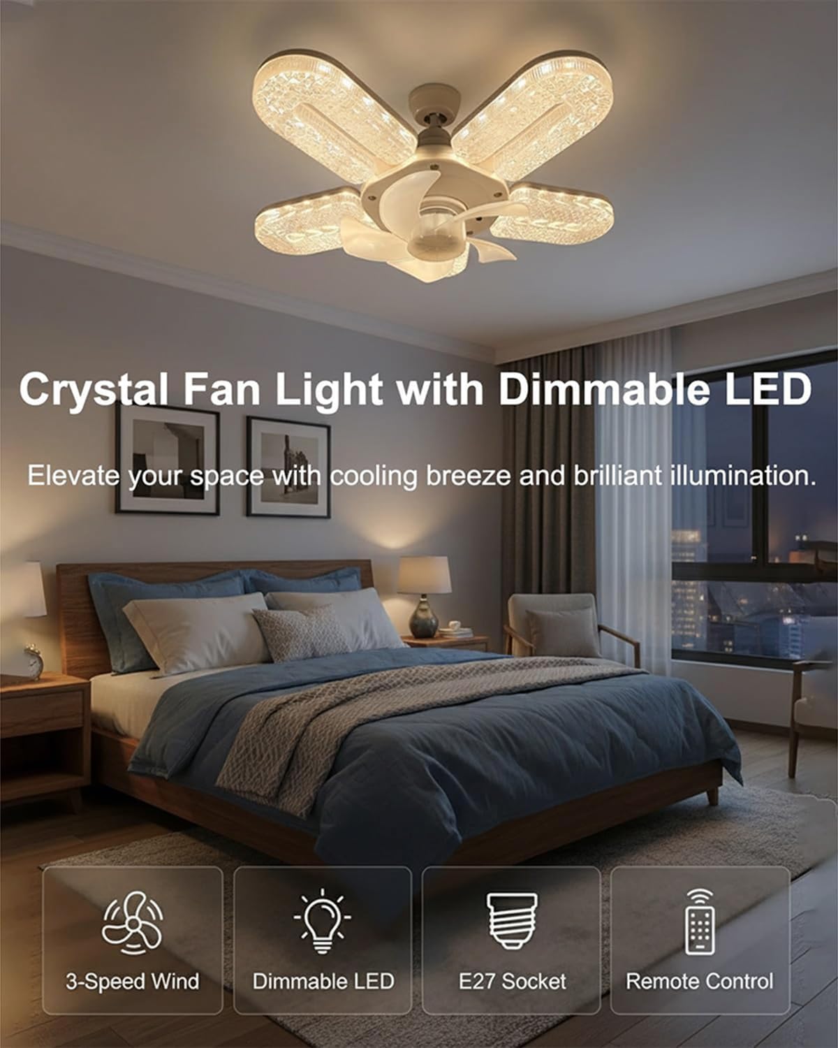 Crystal-Effect LED 5-Blade LED Fan Light, 12" Crystal Fan Light with Dimmable LED, Decorative Chandelier Small Ceiling Fan with Remote Control & Timer, Keeping You Cool and Sparkling - Image 4