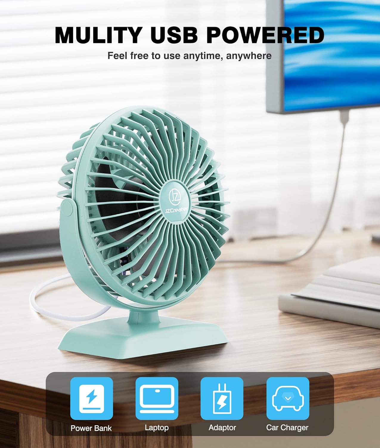 JZCreater USB Desk Fan, USB Fan Mini, 360 Rotation Desktop Fan with 3 Speed, Table Personal Cooling Fan, Quiet Mini Desk Fan, USB Powered, Small Fan for Home Office Bedroom Car Travel,Green - Image 5