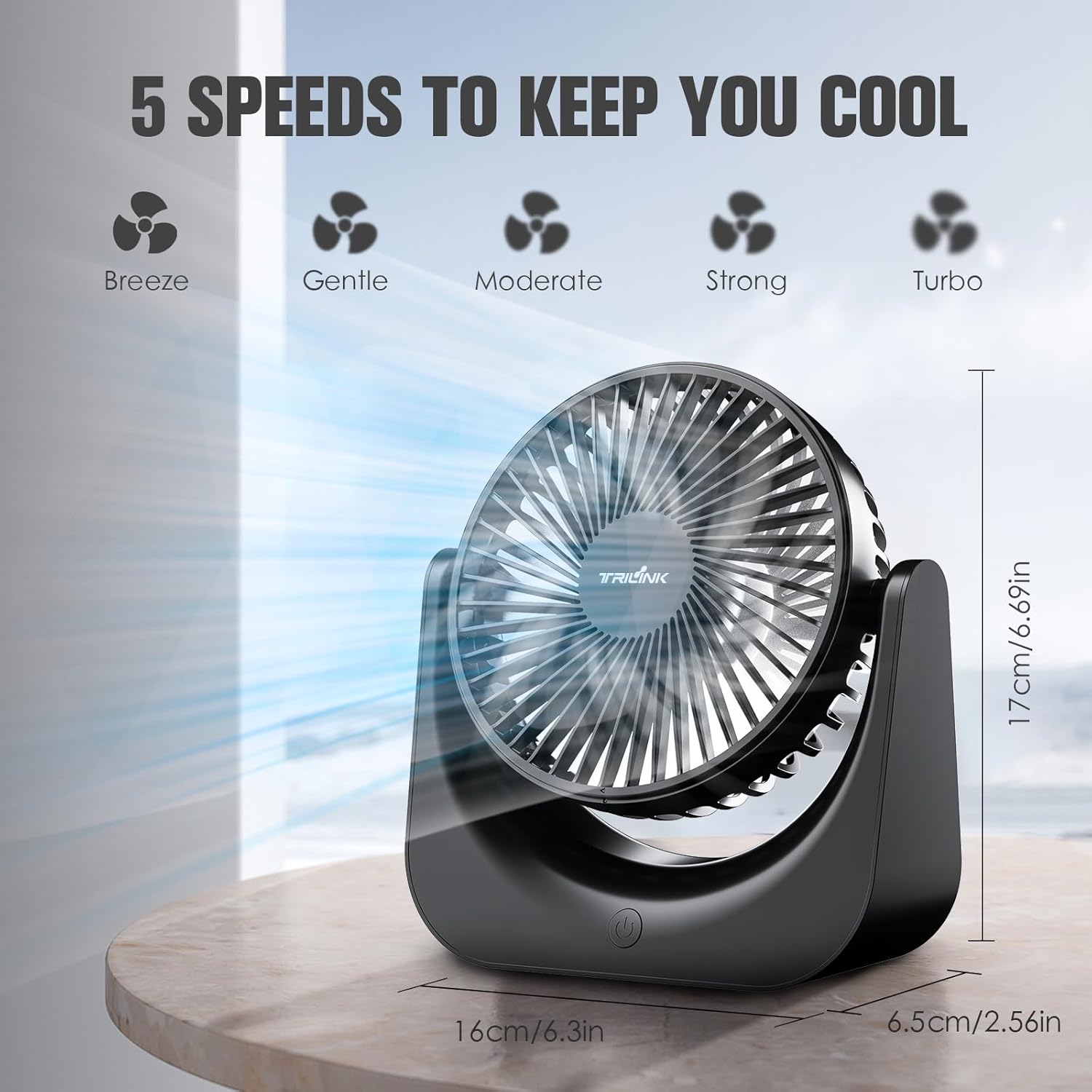 TRILINK Small USB Desk Fan – 5-Speed Mini Table Fan with Adjustable Tilt, Ultra Quiet, USB Powered, Portable Cooling Fan for Home, Desktop, Bedroom, Bed, Office, Travel, and Camping (Black) - Image 4