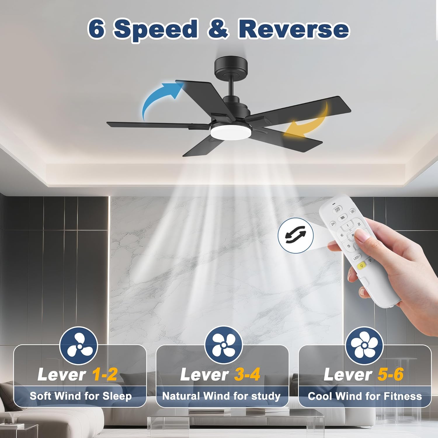 cumilo 42inch Downrod Ceiling Fan with Lights and Remote,Ultra Quite DC Motor,6 Reversible Speed,Energy-efficient,Modern Outdoor&Indoor 5 Fan Blades for Bedroom Living Room Patio Porch,Balck&Walnut - Image 4