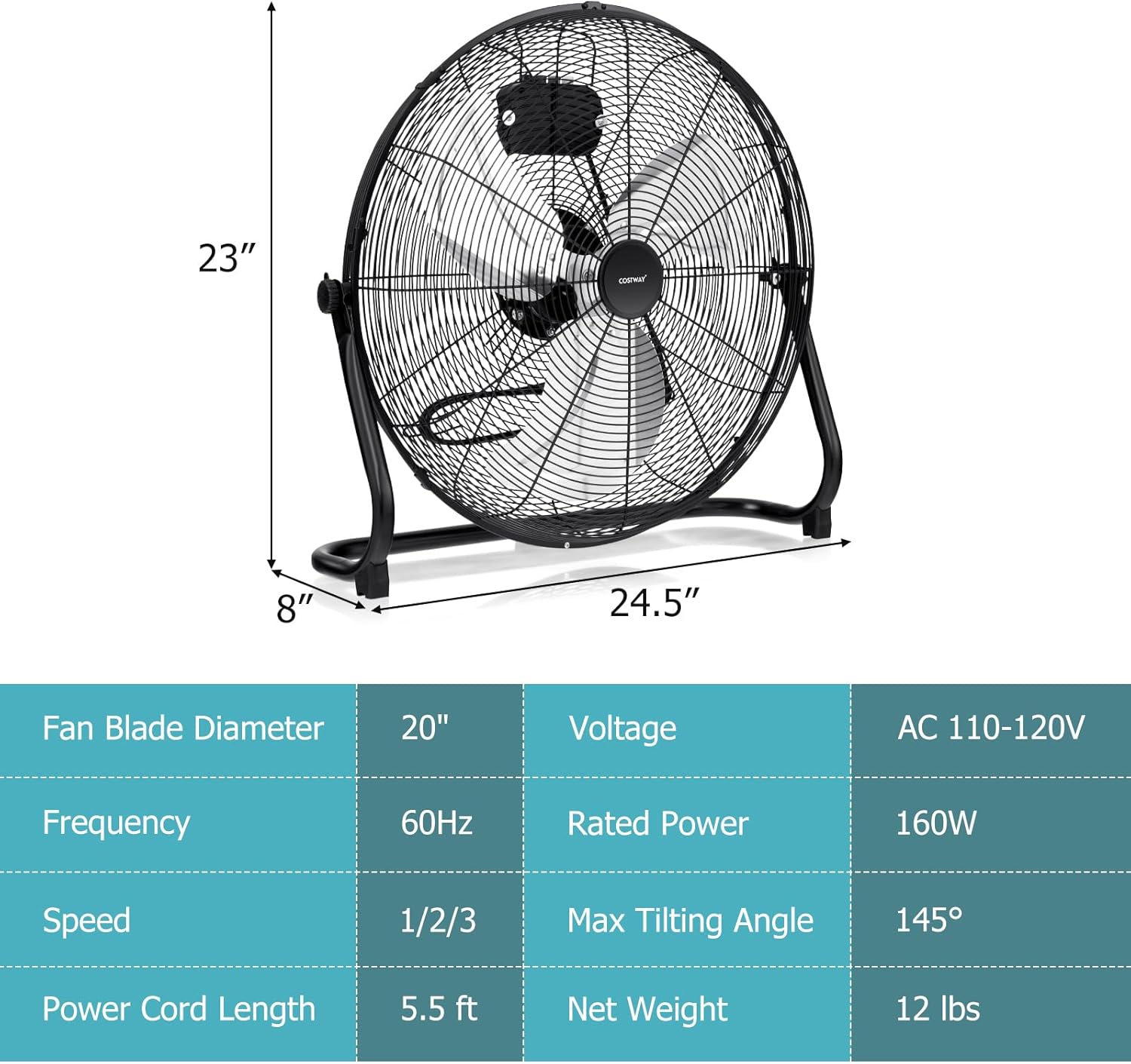 COSTWAY 2-Pack 20-Inch High Velocity Floor Fan, 145 Adjustable Tilt, 3-Speed, Heavy Duty Metal Industrial Set for Home, Garage, Warehouse, Workshop, Black - Image 7