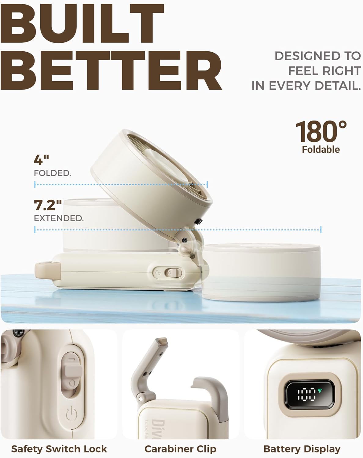 Diveblues Portable Hand Fan - Mini USB Rechargeable Handheld Fan Up to 12 Hours Cooling, 1-100 Speed Personal Fan with Turbo Airflow, 180° Foldable Desk Fan for Office & Bedroom & Travel & Commuting - Image 5