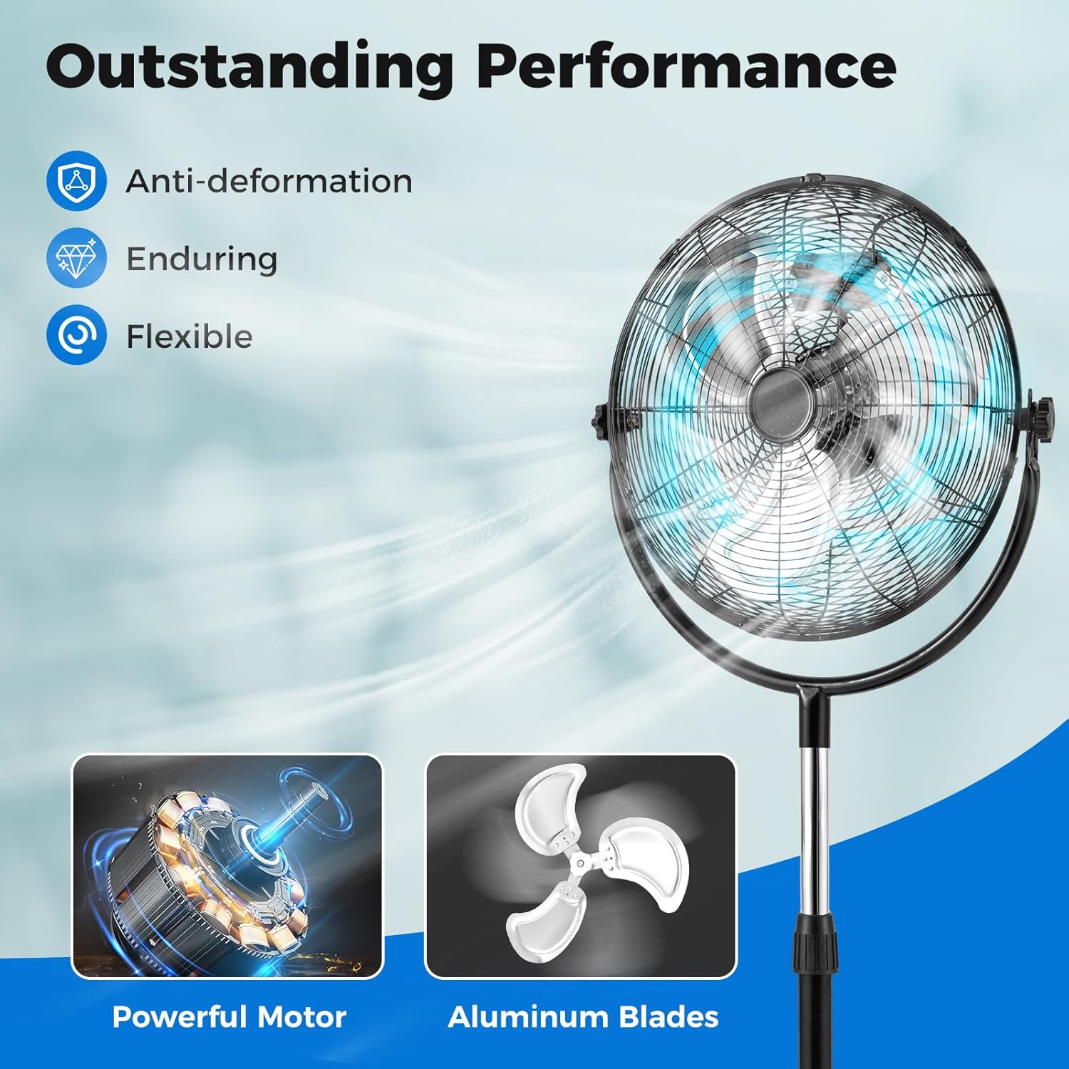 COSTWAY 18" Industrial Pedestal Fan, 3 Speeds Commercial Standing Fan with Adjustable Height, Vertical Oscillating Function, Powerful Motor, Aluminum Blades for Living Room, Bedroom, Home Office - Image 6