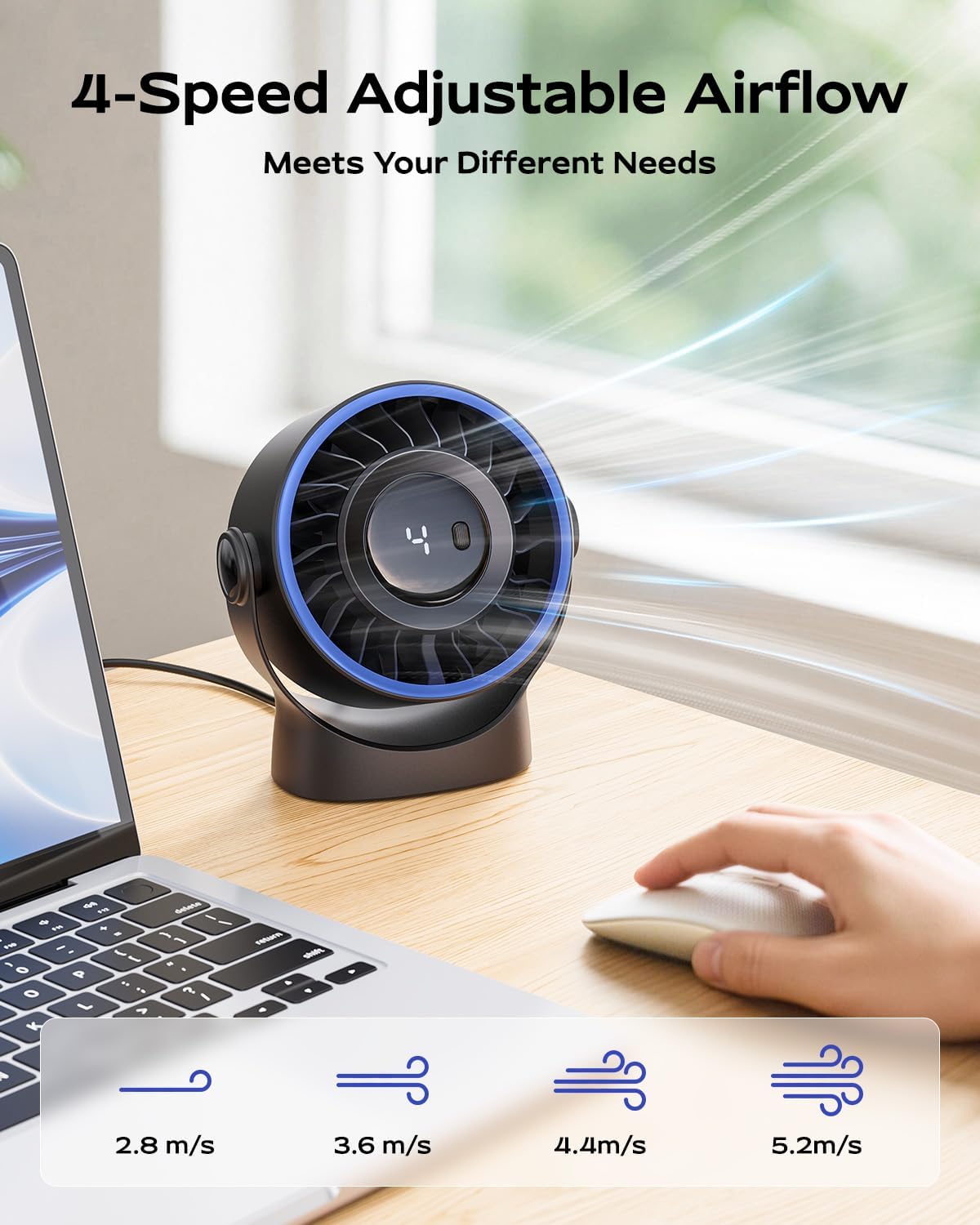 SWEETFULL USB Small Desk Fan - 5 Inch Mini Personal Desktop Fan, 4 Speeds Cooling Strong Airflow, 360° Adjustable Tilt, Quiet Portable Table Fans for Bedroom, Home, Office, Travel & Cruise, Black - Image 4